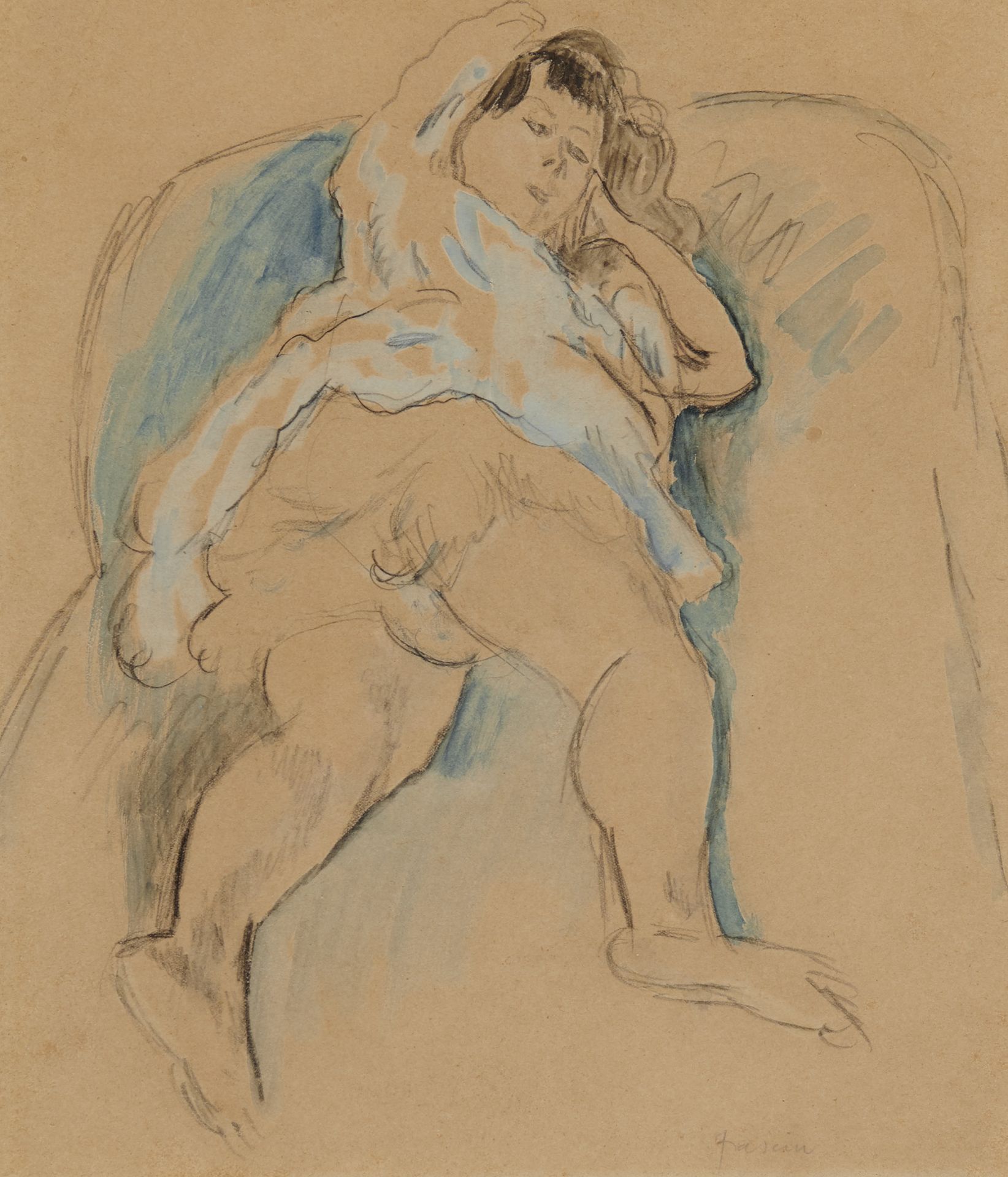 Null JULES PASCIN (1885-1930) Femme allongée Gouache et dessin Signé en bas à dr&hellip;