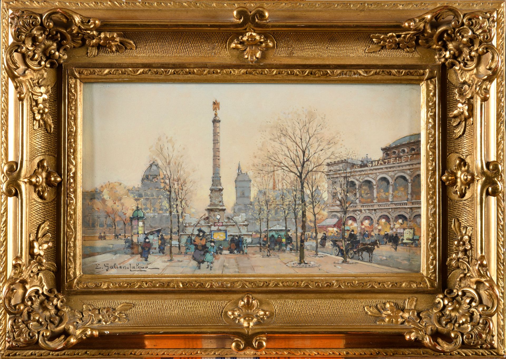 Null EUGENE GALIEN-LALOUE (1854-1941) Place du Châtelet 水粉画 左下角有签名 13 x 22.5 cm