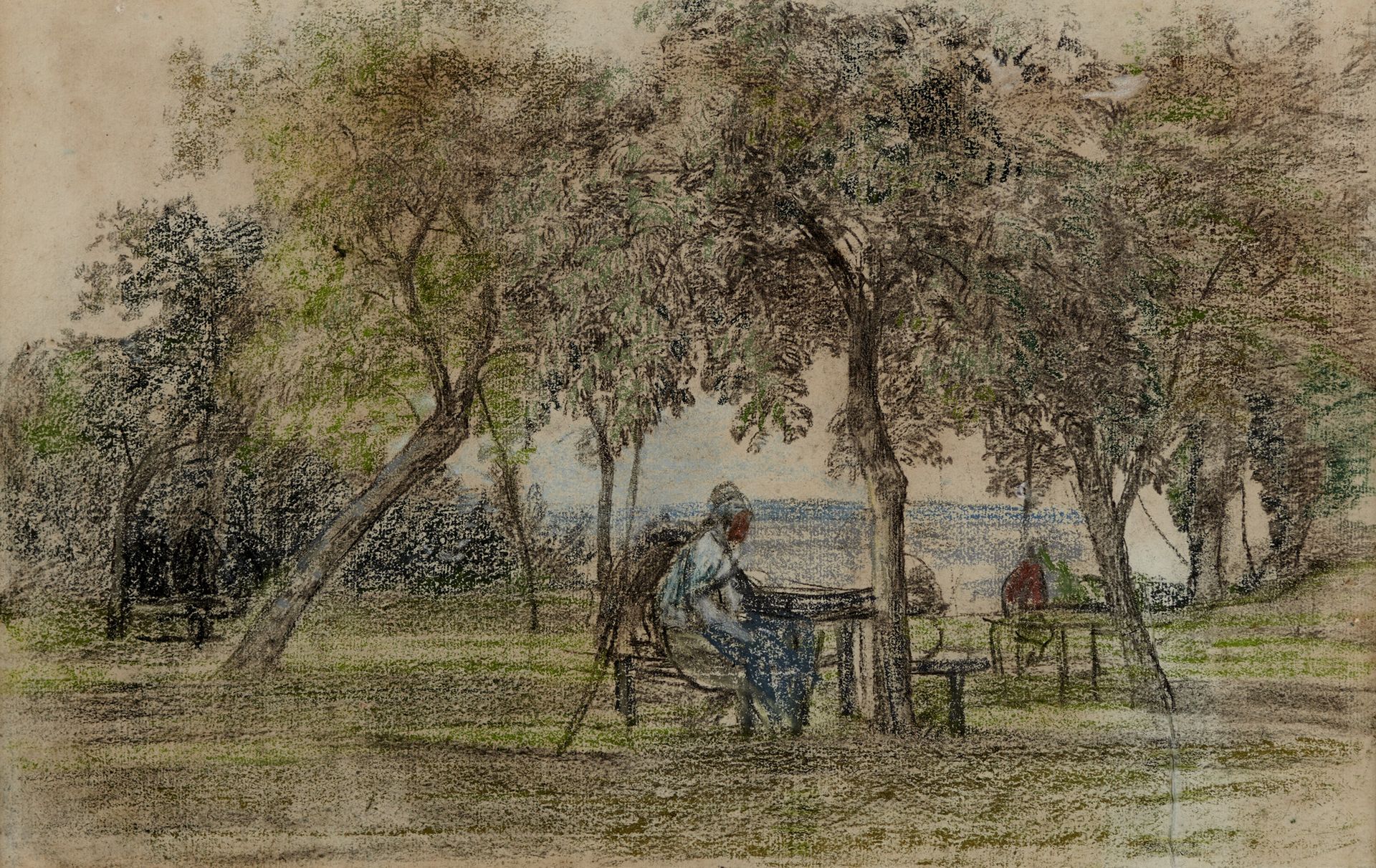 Null EUGÈNE BOUDIN (1824-1898) Saint-Siméon农场花园里的女人 (Honfleur) 粉彩画 左下角签名 29.5 x &hellip;