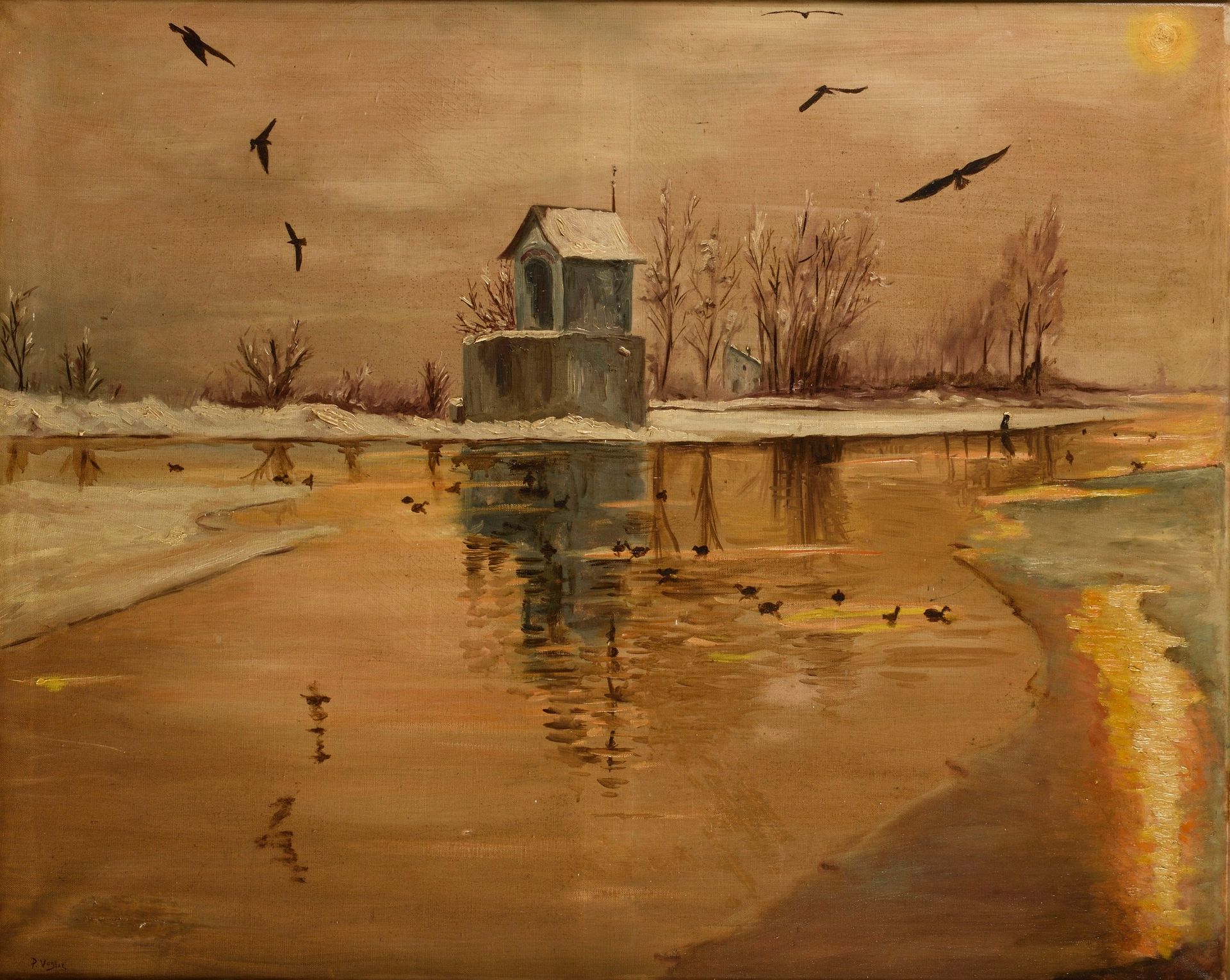 Null PAUL VOGLER (1852-1904) 雪下的河岸 布面油画 左下方签名 80 x 100 cm