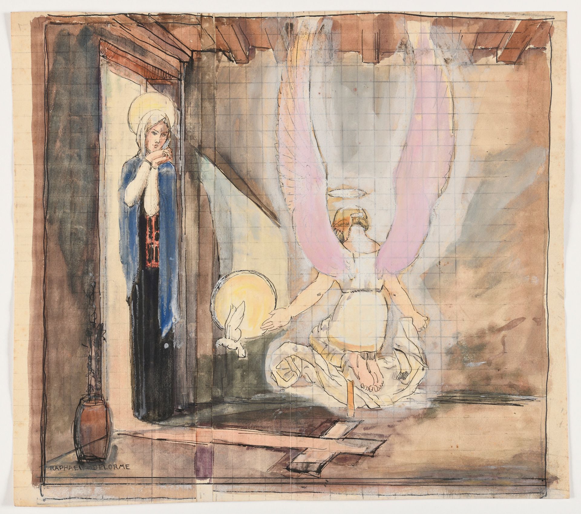 Null RAPHAËL DELORME (1885-1962) Annunciation 组装纸上的水粉和水彩画 签名 "RAPHAEL DELORME"（左&hellip;