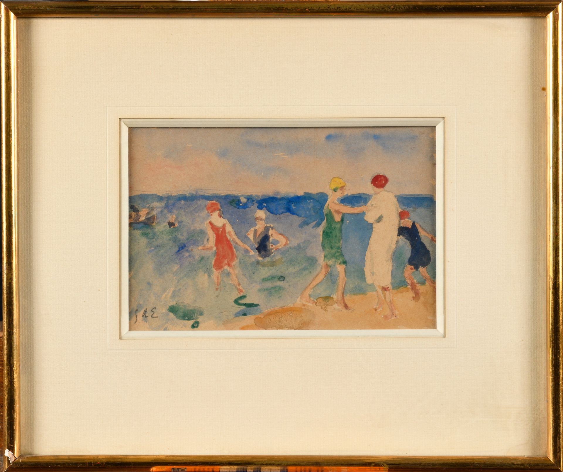 Null GEORGES D'ESPAGNAT (1870-1950) Belebter Strand Aquarell Signiert mit Initia&hellip;