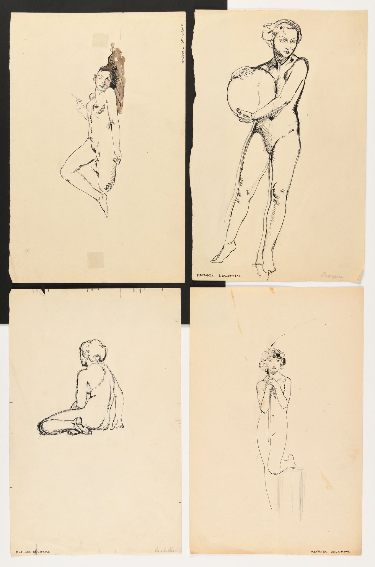 Null RAPHAËL DELORME (1885-1962) 带球体的女人和女人的研究 四幅套画 纸上墨迹签名 "RAPHAEL DELORME" 31 x&hellip;