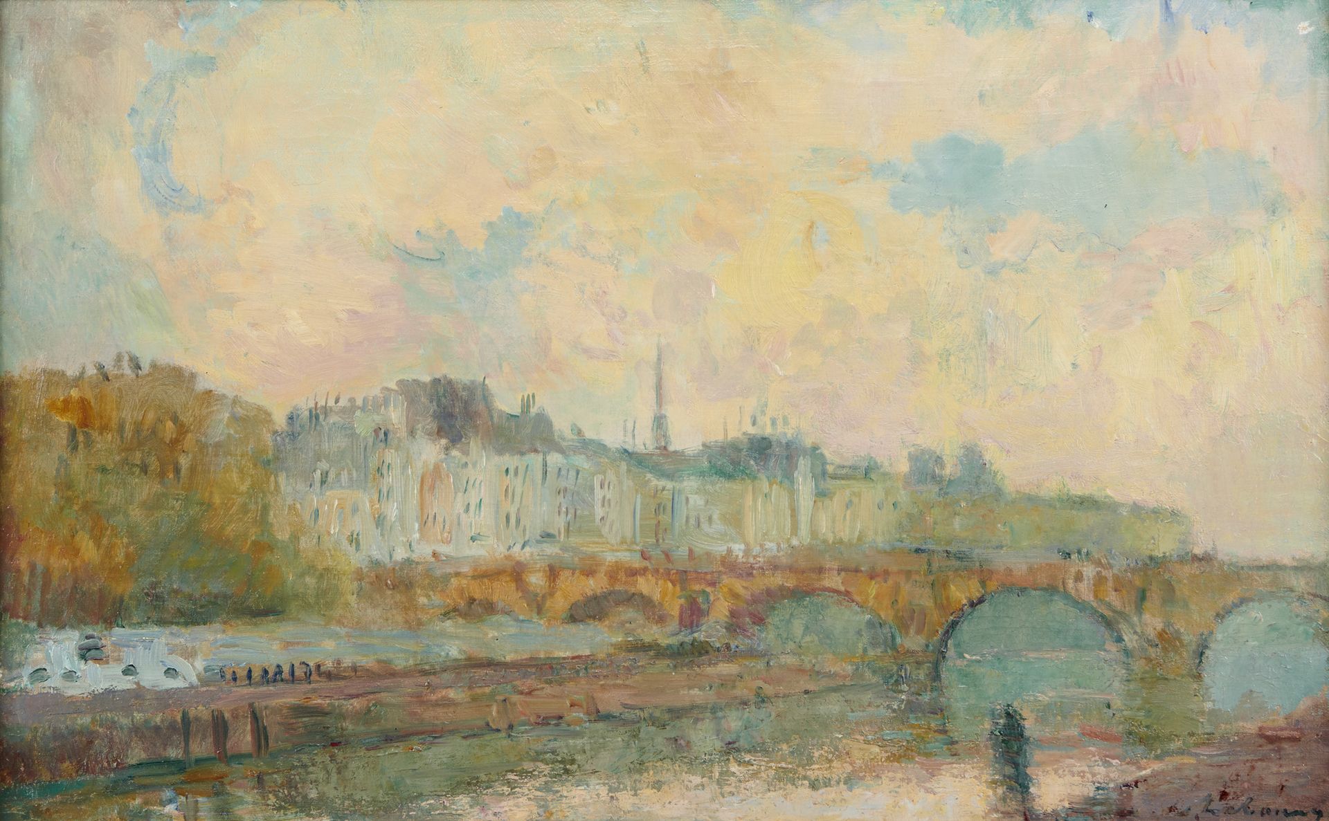 Null ALBERT LEBOURG (1849-1928) La Seine à Paris Huile sur toile Signé à droite &hellip;