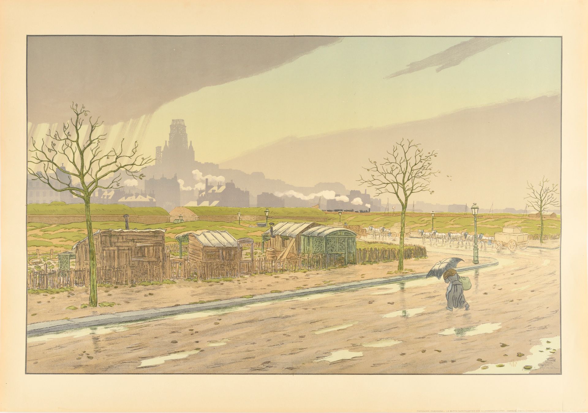 Null HENRI RIVIERE (1864-1951) 从防御工事看到的蒙马特山，1900年 《巴黎风景》系列中的第5幅（共8幅）。 12种颜色的石版画。&hellip;