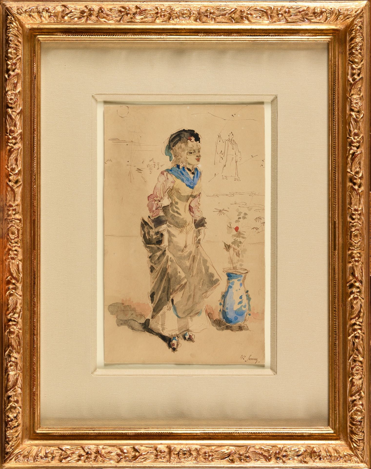 Null HENRY SOMM (1844-1907) 花盆旁的年轻女孩 水彩画 右下角签名 22.5 x 14 cm