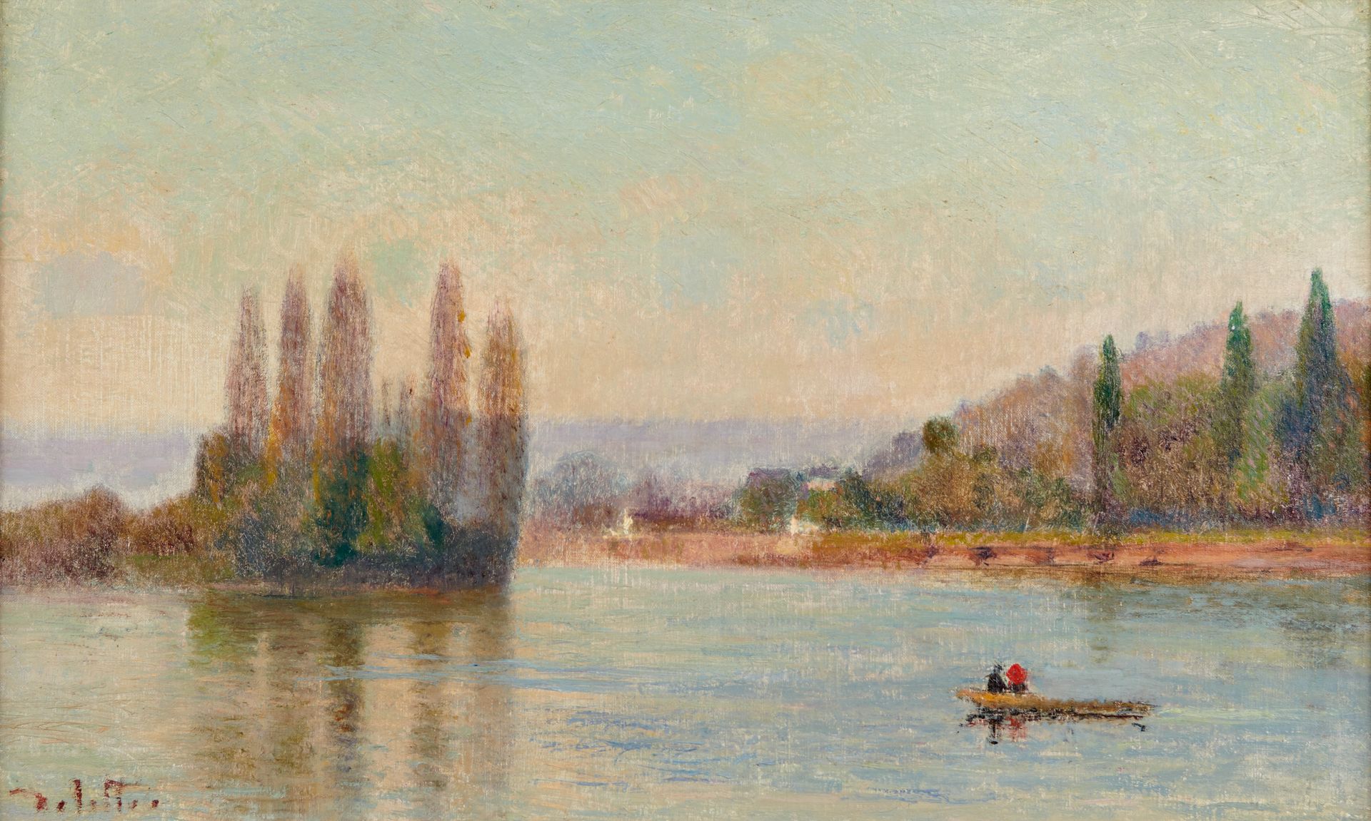 Null JOSEPH DELATTRE (1858-1912) 塞纳河上的乘船之旅 布面油画 左下方签名 32 x 52 cm