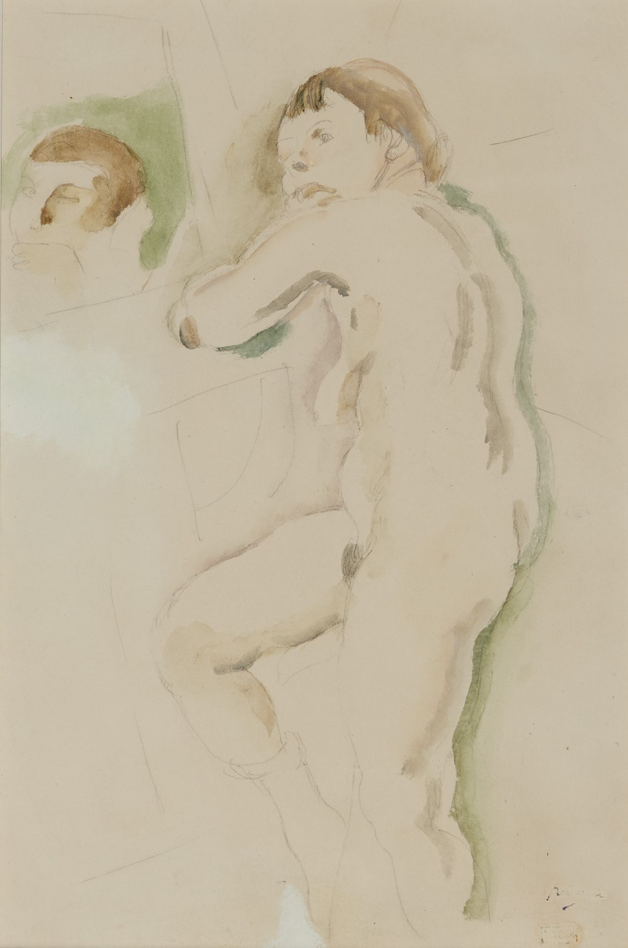 Null JULES PASCIN (1885-1930) 拿着镜子的裸体 水彩画工作室的印章和签名右下方 38 x 25 cm