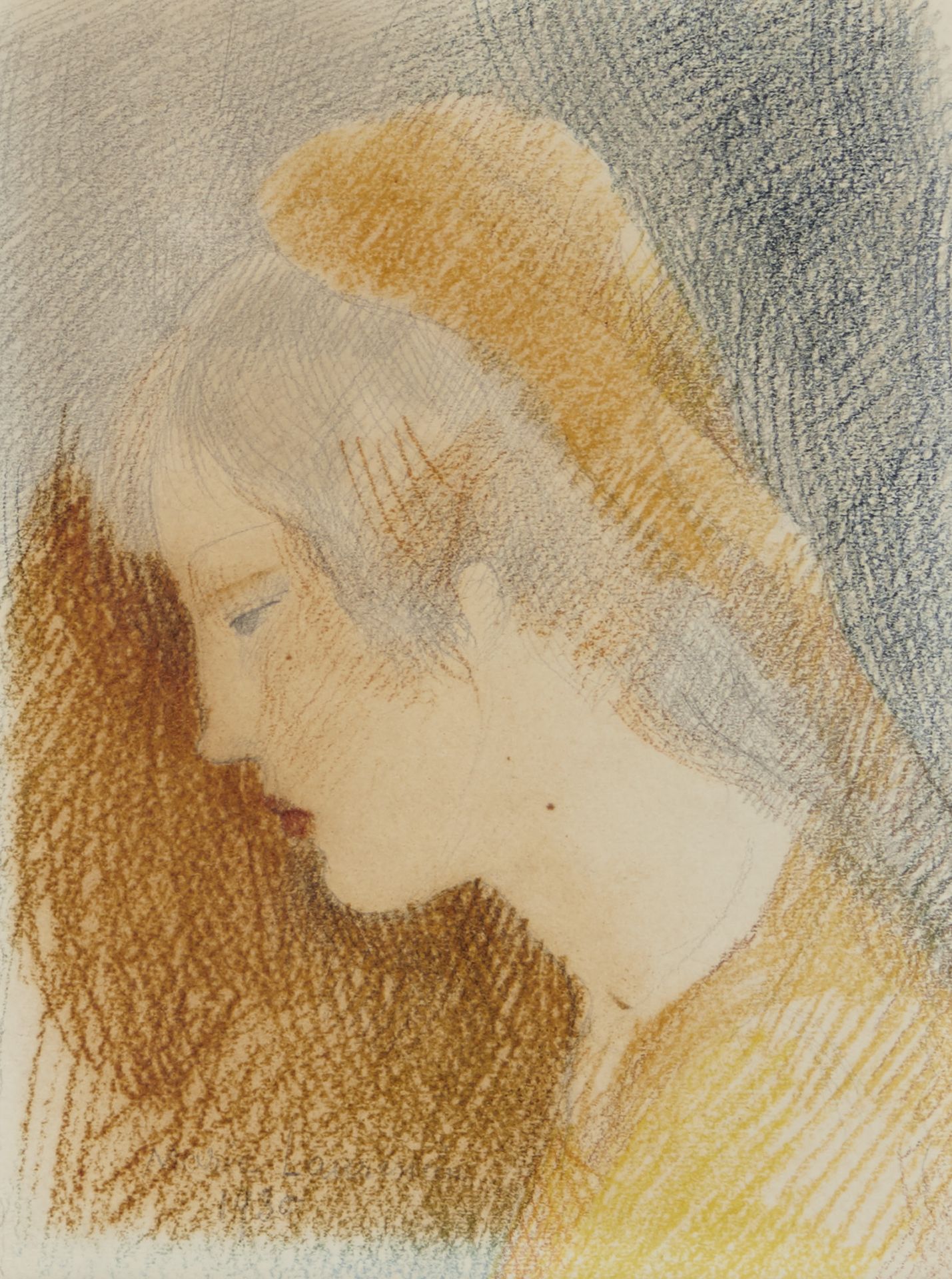 Null MARIE LAURENCIN (1883-1956) 戴围巾的年轻女孩 1930年 蓝色铅笔和印度墨水 签名和左下角日期 19 x 14.5 cm