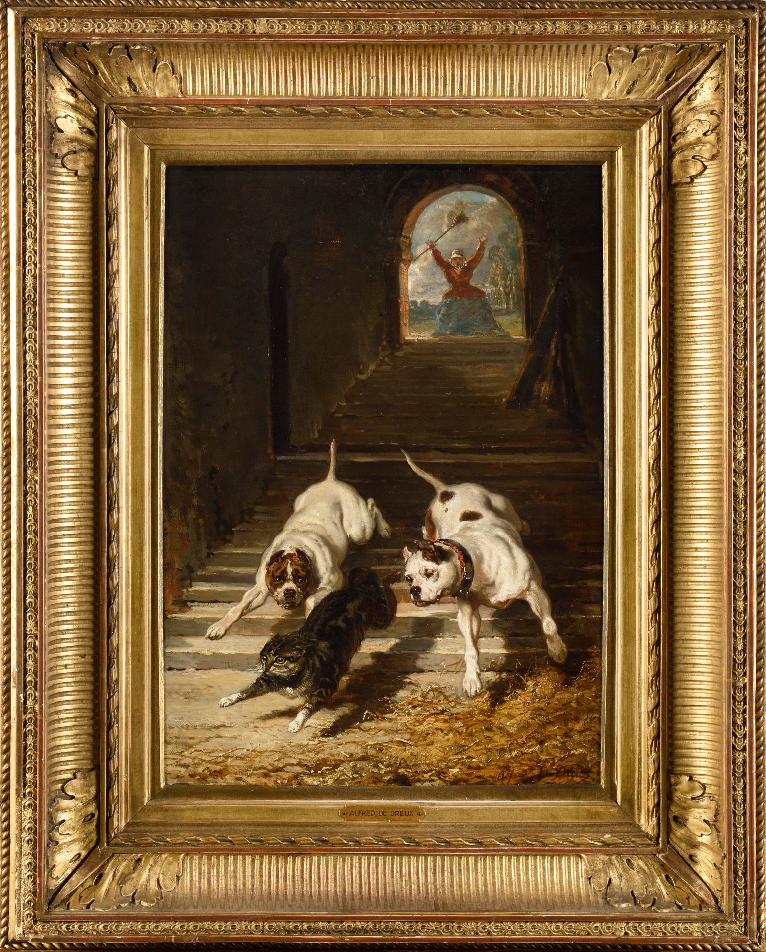 Null ALFRED DE DREUX (1810-1860) Chiens et chat Huile sur toile Signé et daté en&hellip;