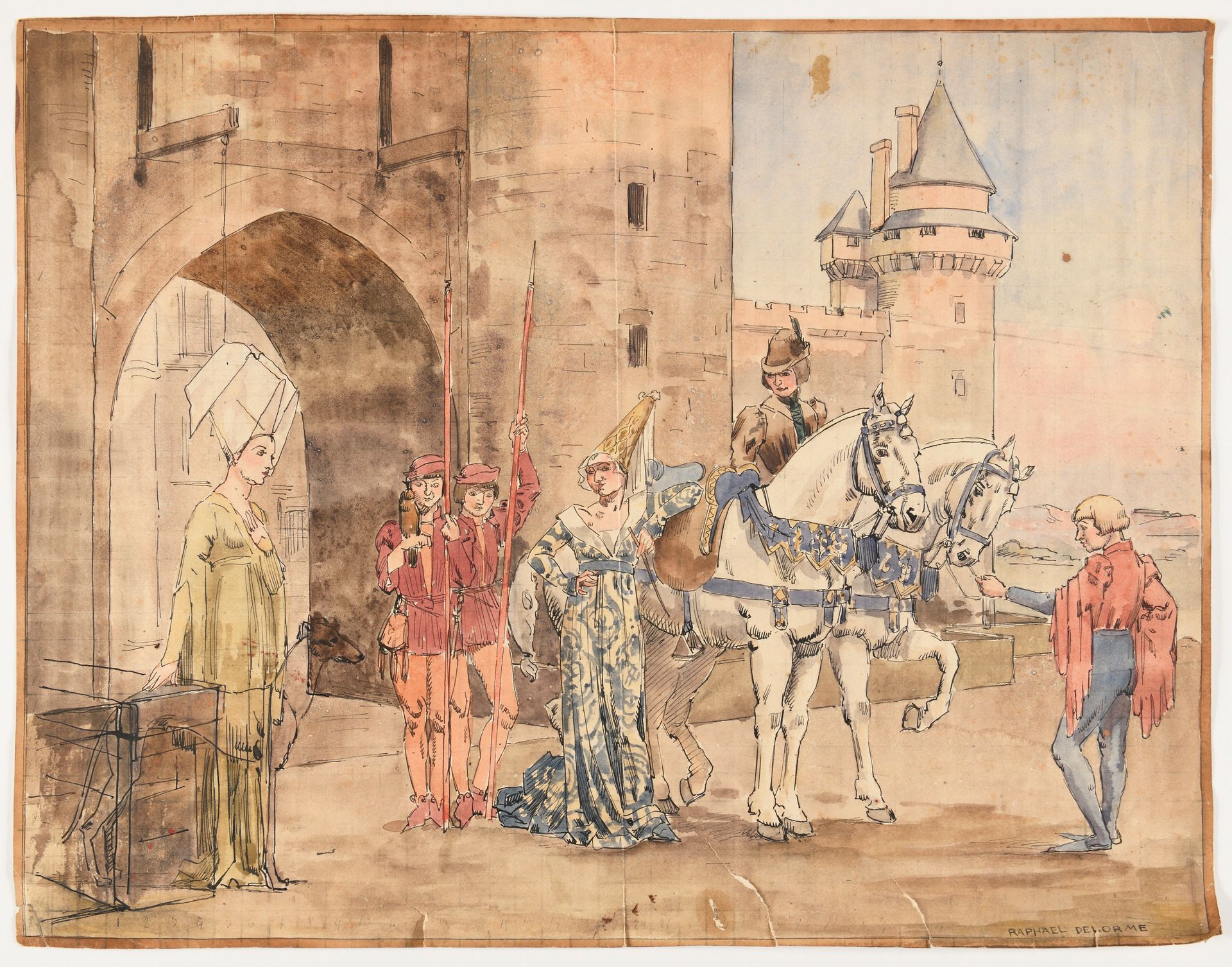 Null RAPHAËL DELORME (1885-1962) Scène médiévale animée à l’entrée d’un château &hellip;