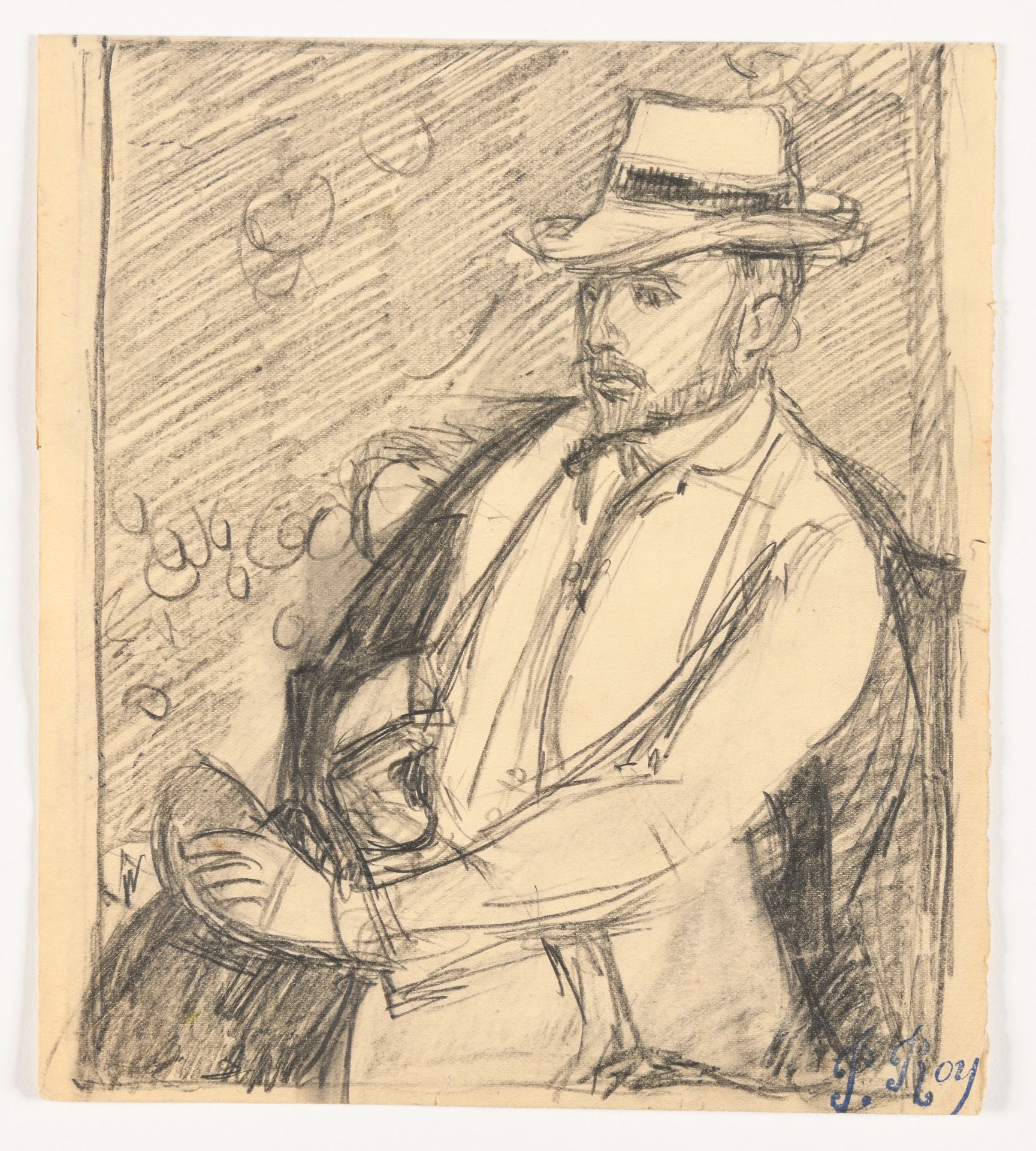 Null PIERRE ROY (1880-1950) 戴帽子的男人肖像 纸上石墨画，盖有 "P.罗伊'（右下） 17.8 x 16 cm
