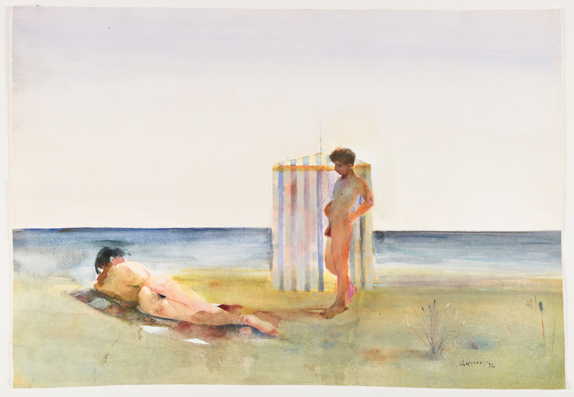Null ALEXANDROS VEROUKAS (n. 1968) Pareja en una playa Acuarela sobre papel Firm&hellip;