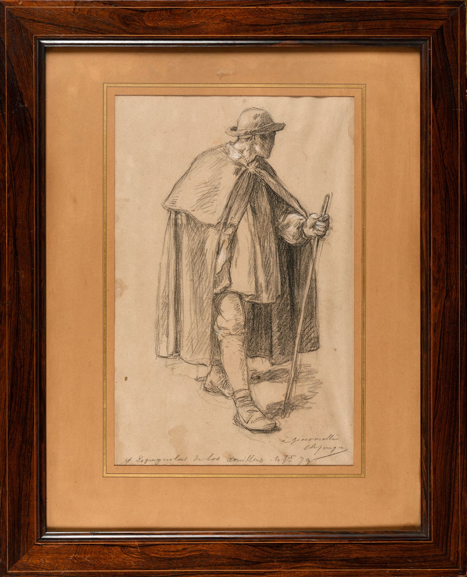 Null Charles JACQUE (1813-1894) 西班牙农民 黑色铅笔和白色粉笔高光，签名并注明 "à Giacomelli, Ch.Jacque&hellip;