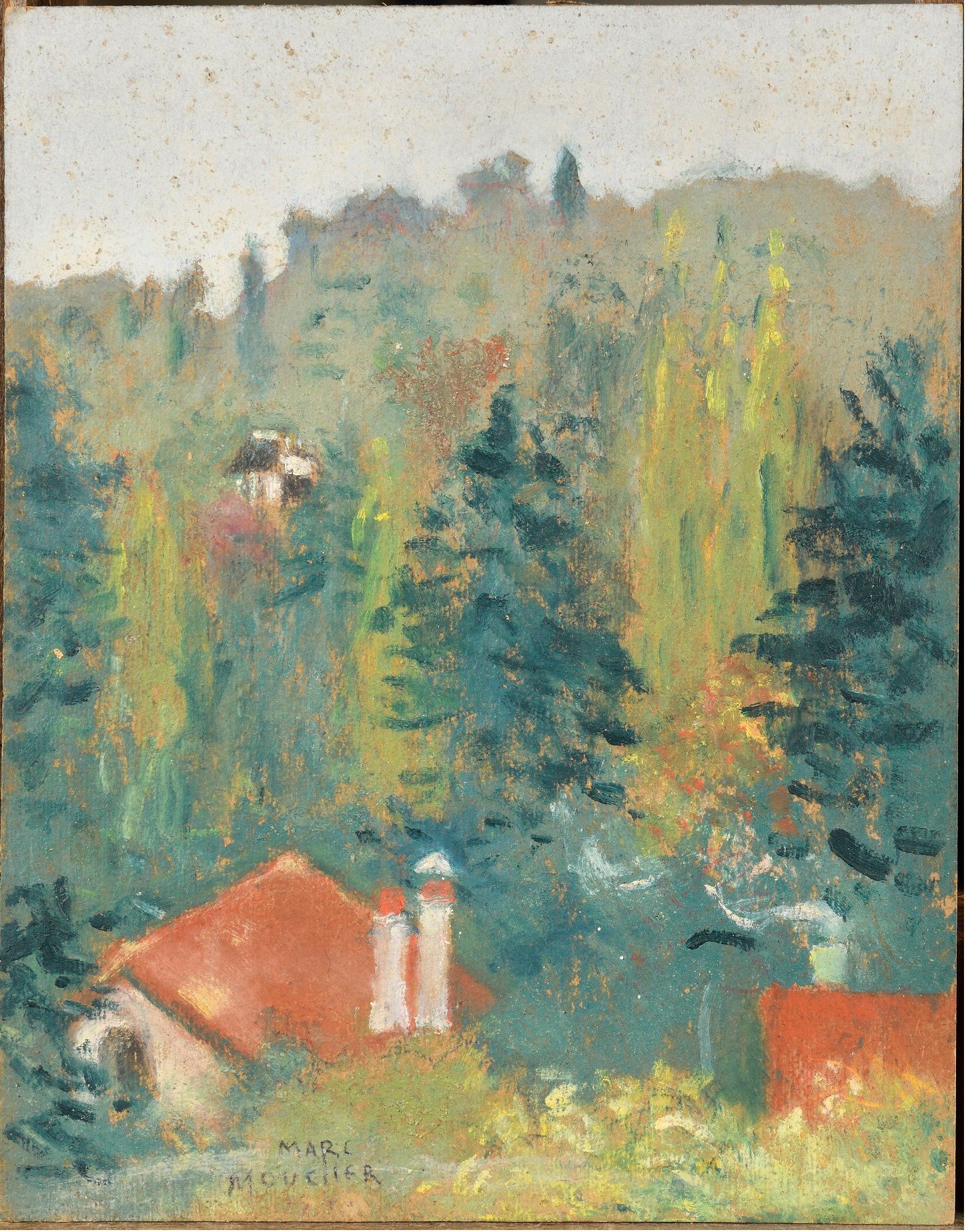Null Marc MOUCLIER (1866-1948) La maison devant la forêt 纸板上混合技术 左下角签名 26,5 x 21&hellip;