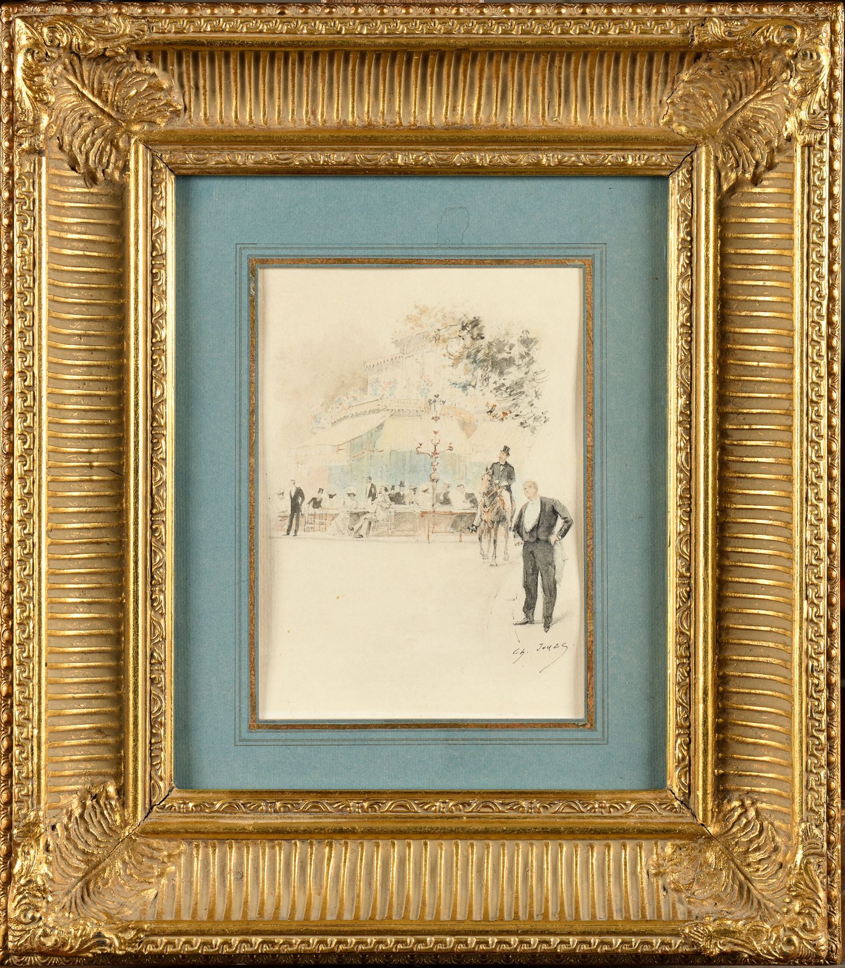 Null Charles JOUAS (1866-1942) A la terrasse d'un café parisien 水彩画，右下方签名，19 x 1&hellip;