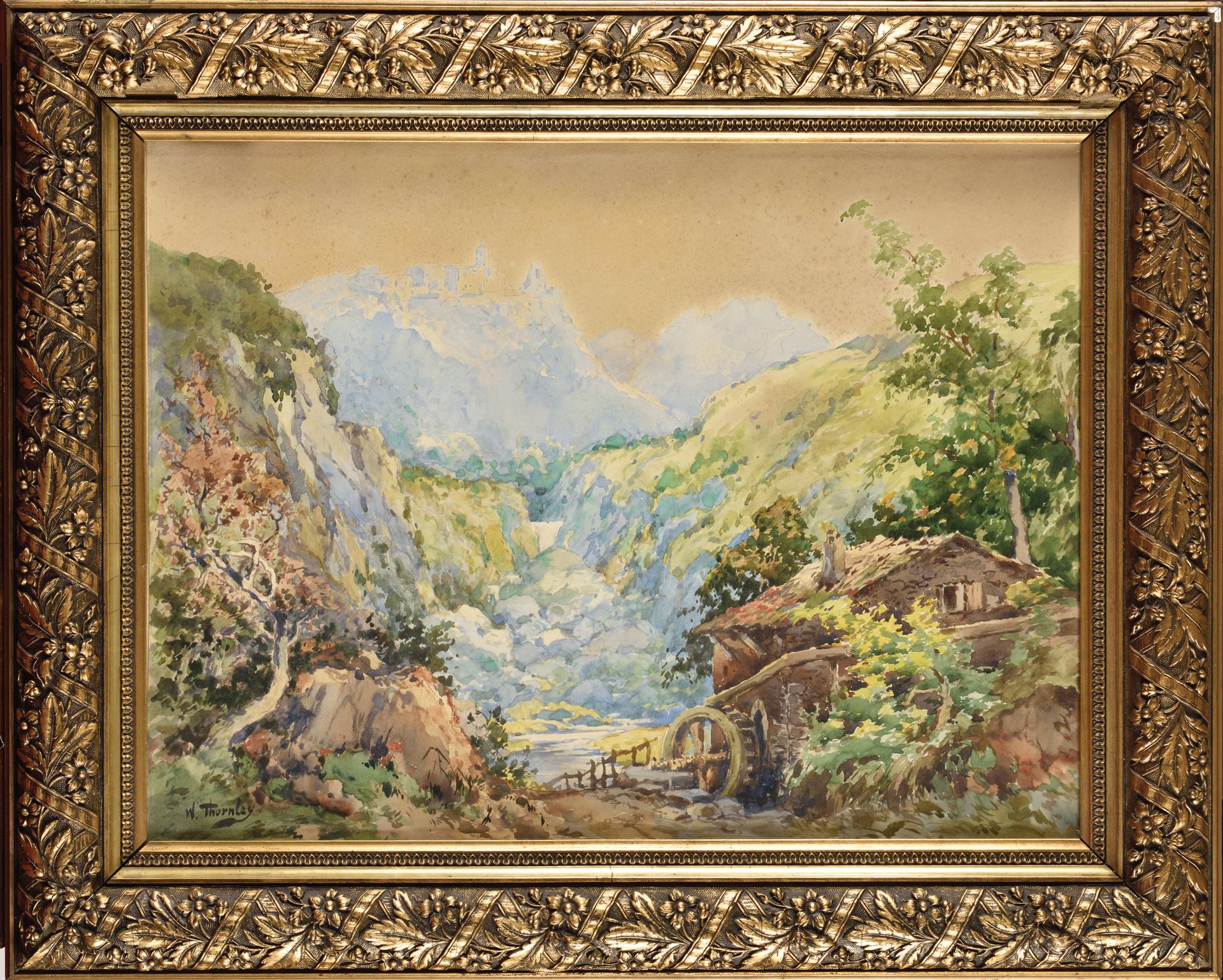Null William Georges THORNLEY (1857-1935) Paesaggio con mulino Acquerello, firma&hellip;