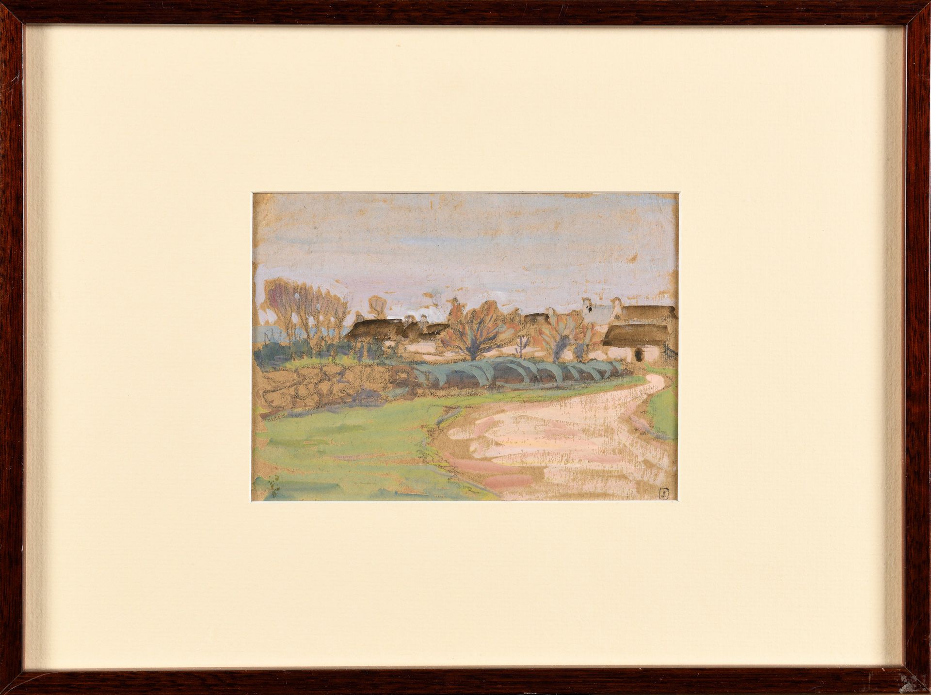 Null Jean FRÉLAUT (1879-1954) L'entrée du village 水粉画 Monogram印在右下方 12 x 16,5 cm&hellip;