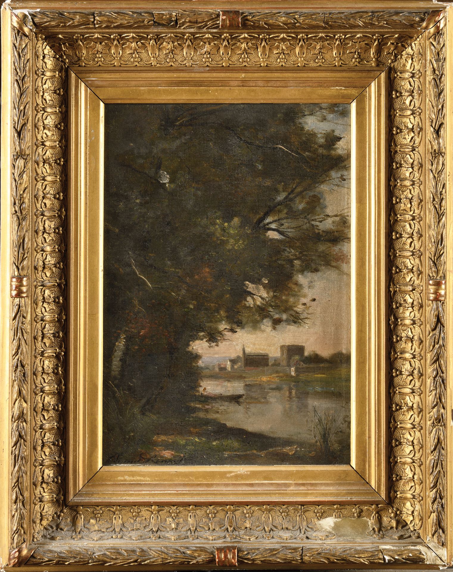 Null Edmond RENAULT (1829-1905) Paysage à la barque 布面油画 左下角签名 22 x 31 cm 带框架：35&hellip;