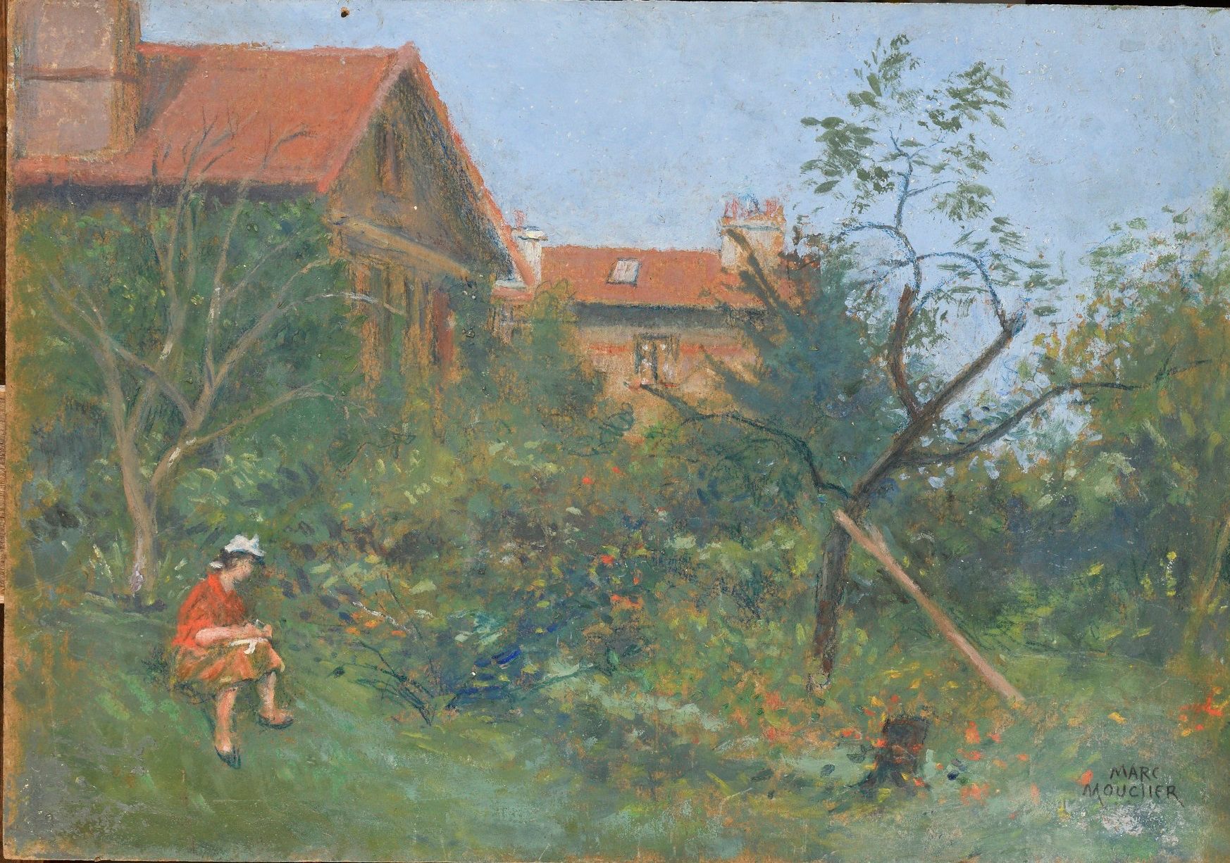 Null Marc MOUCLIER (1866-1948) Jeune femme assise dans l’herbe devant la maison &hellip;