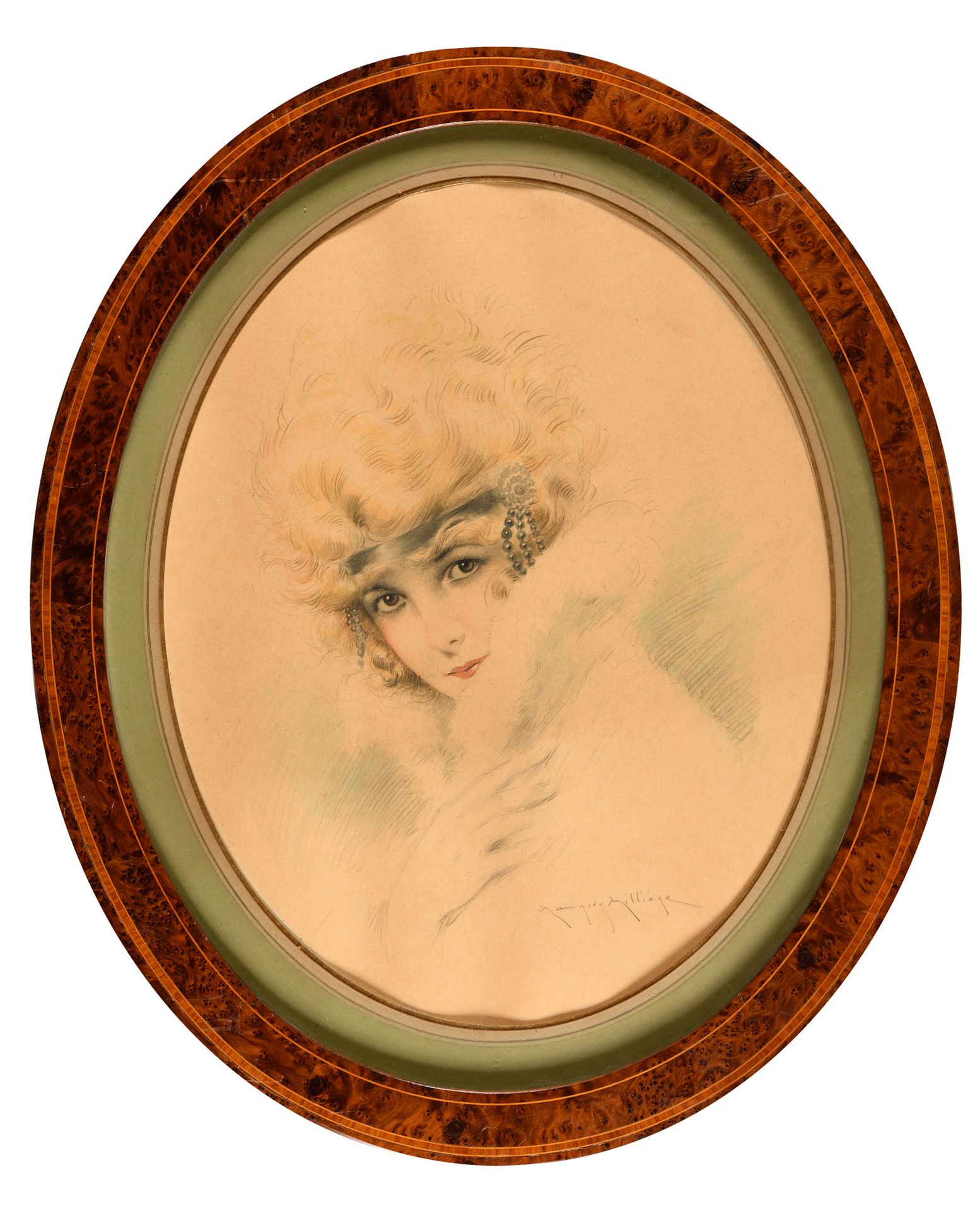 Null Maurice MILLIERE (1871-1946) Portrait de femme Dessin au crayon et aquarell&hellip;
