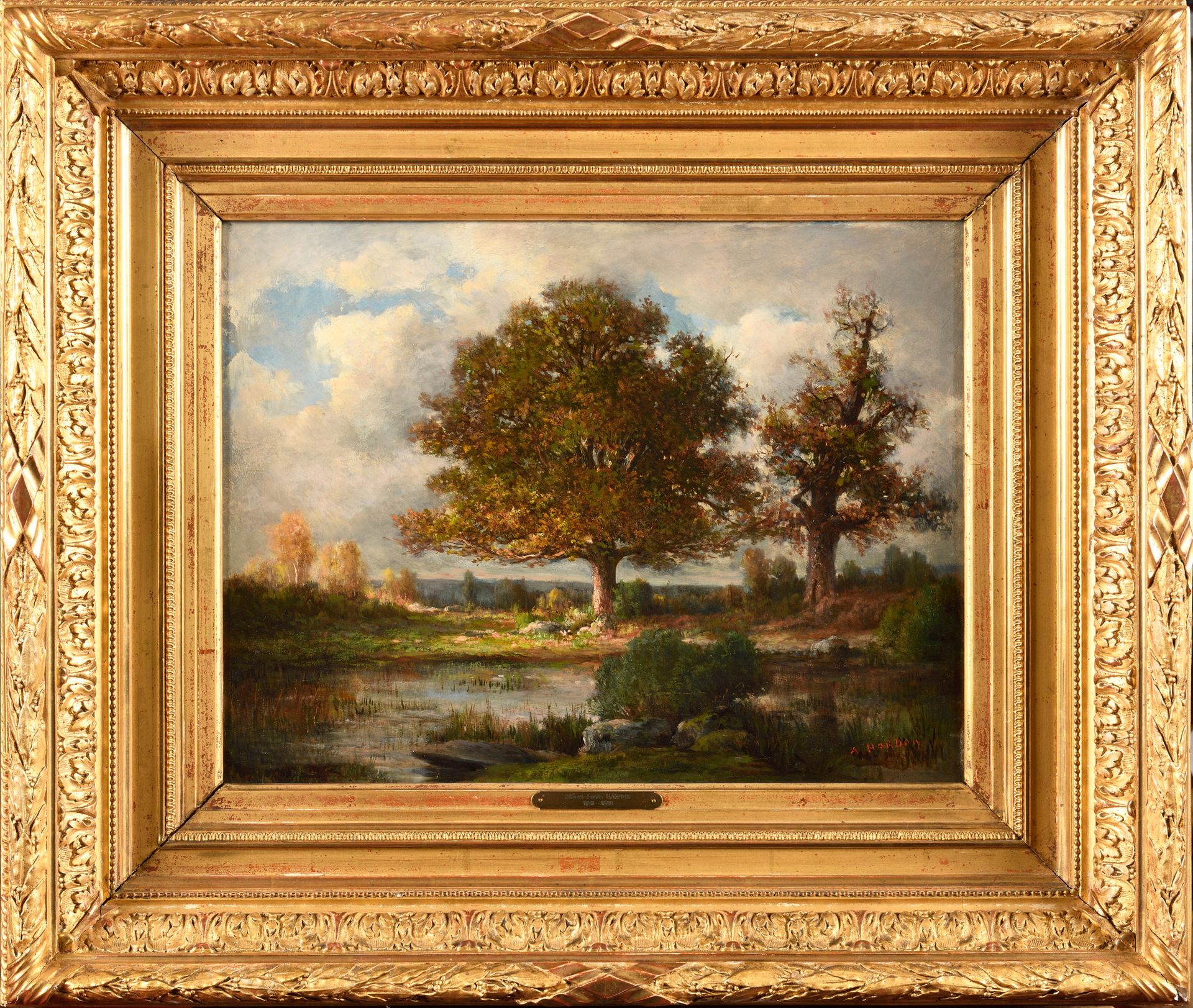 Null Albert Louis HARDON (1819 - 1878) 池塘边的两棵树 板面油画 右下角签名 31.5 x 40.5 cm 带画框：54 &hellip;