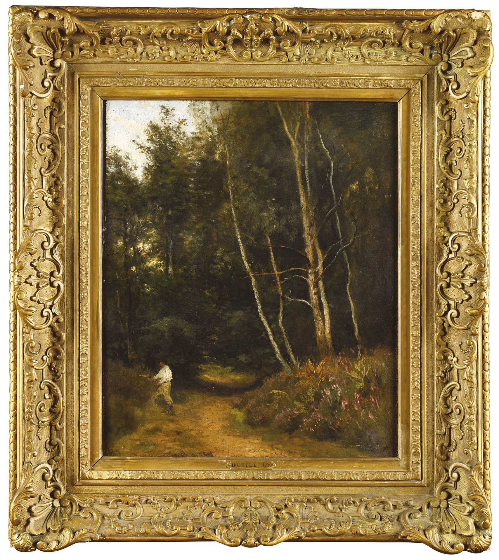 Null Constant DUTILLEUX (1807-1865) Homme en forêt Huile sur toile Signé en bas &hellip;