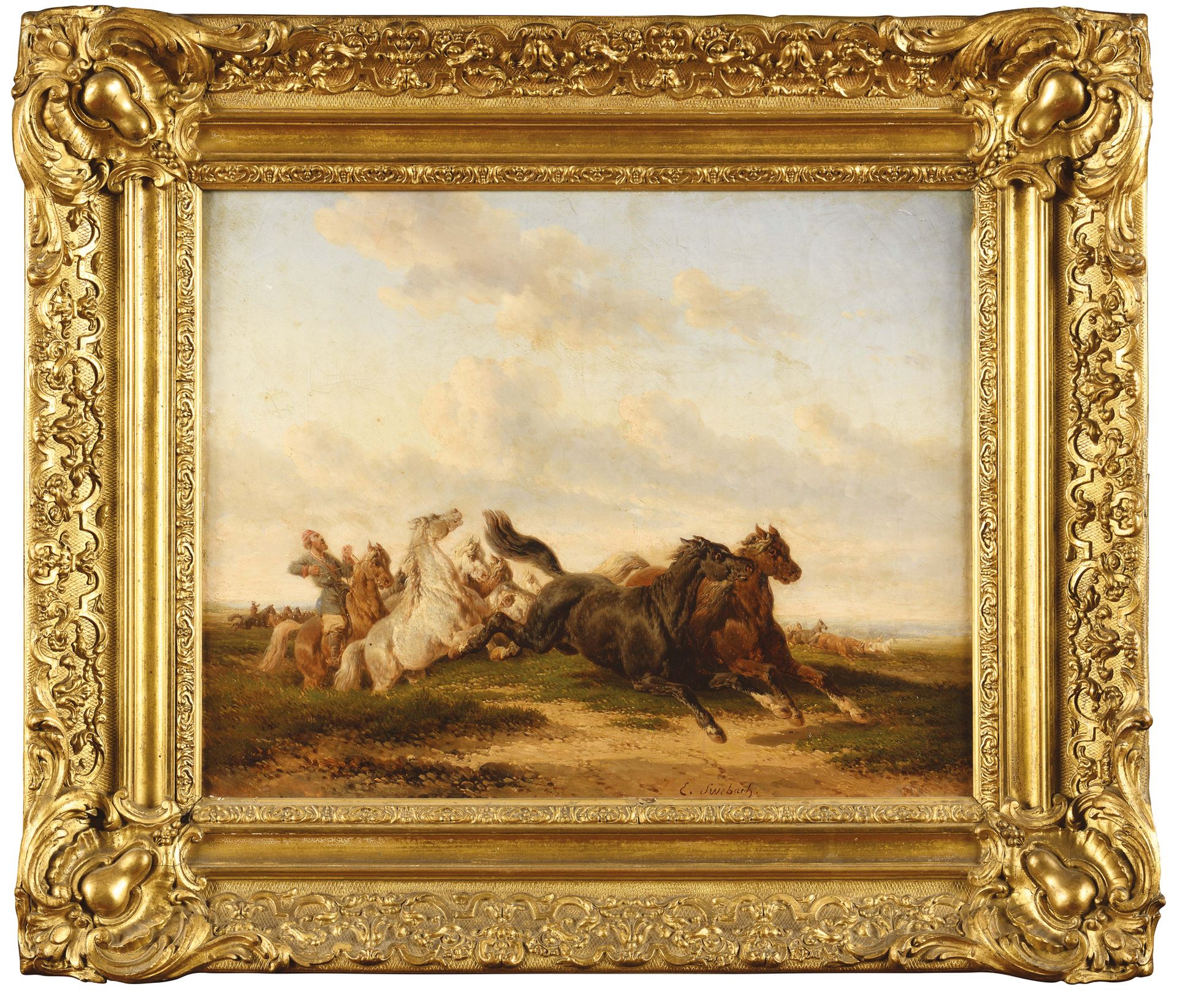 Null Édouard Bernard SWEBACH (1800-1870) La capture de chevaux sauvages Olio su &hellip;
