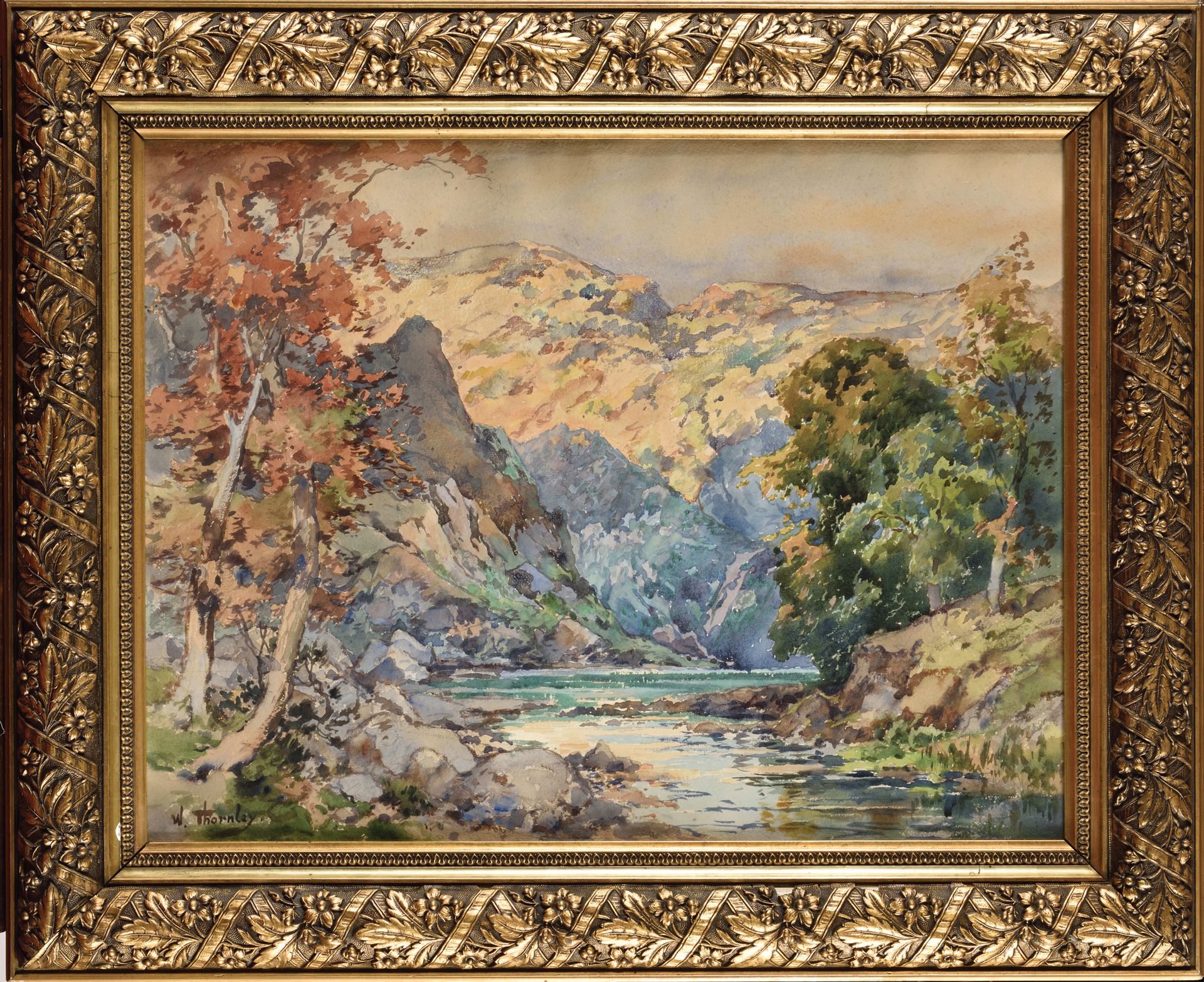 Null William Georges THORNLEY (1857-1935) 带湖泊的山景 水彩画，左下角签名 45 x 58.5 cm (见图) 带框架&hellip;