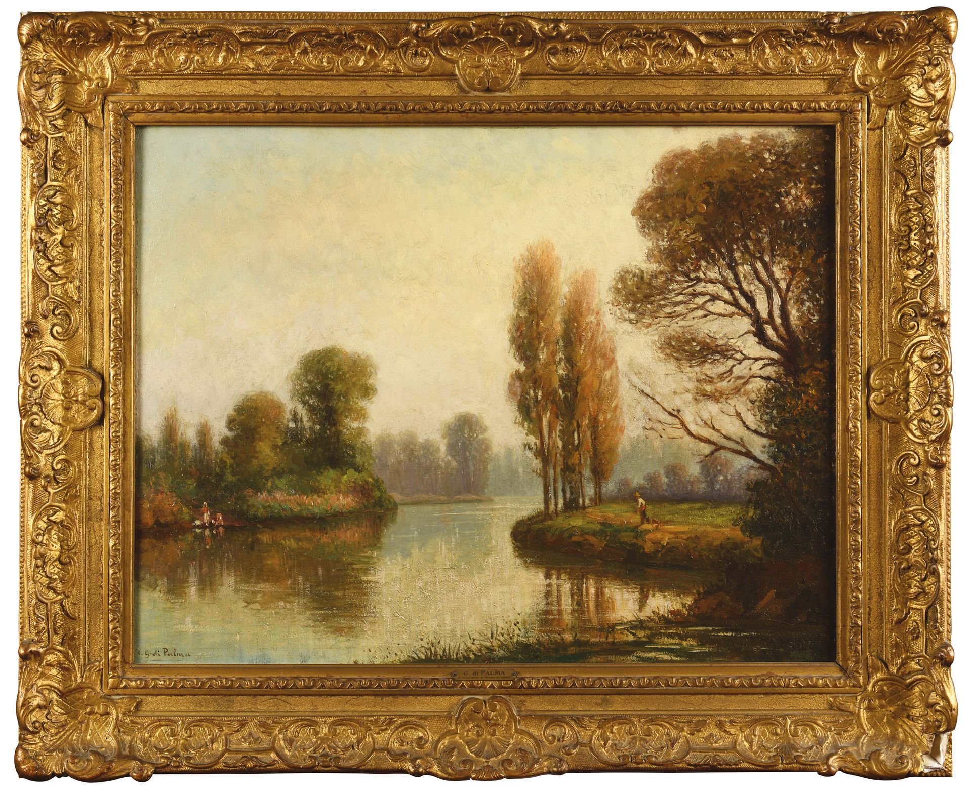 Null Léon Jean GIORDANO DI PALMA (1886-?) Paysage d’étang Huile sur toile Signé &hellip;
