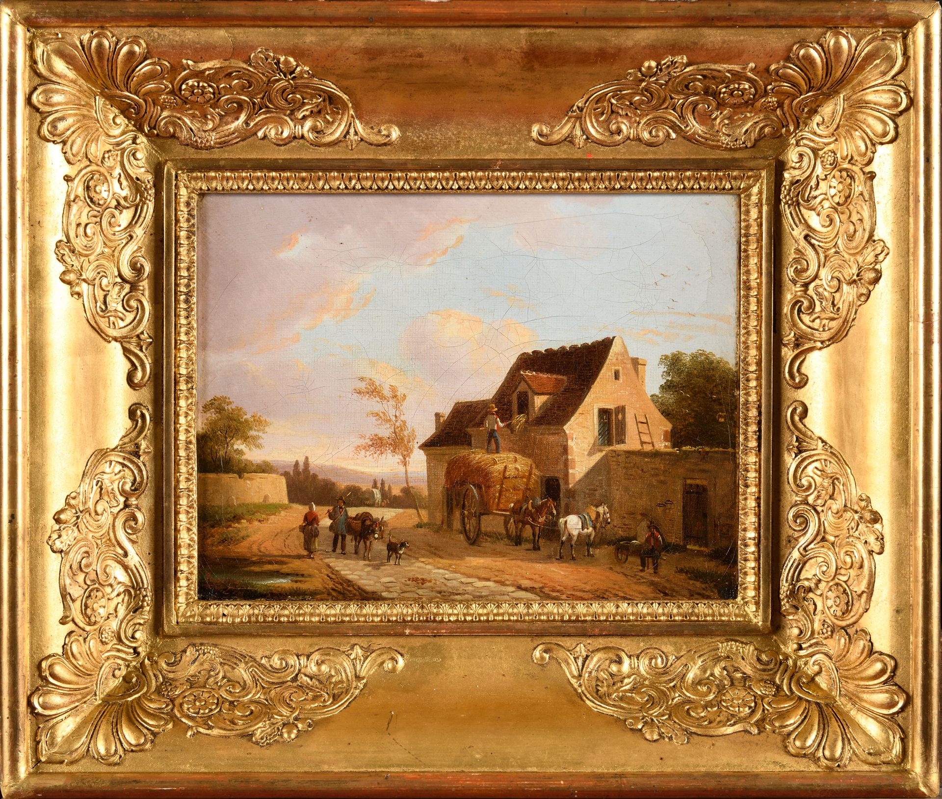 Null A.LEMAINIER 卸下稻草 布面油画 左下角和右下角有签名，日期为1837年。 背面刻有 "n°122 du catalog" 18,5 x 2&hellip;