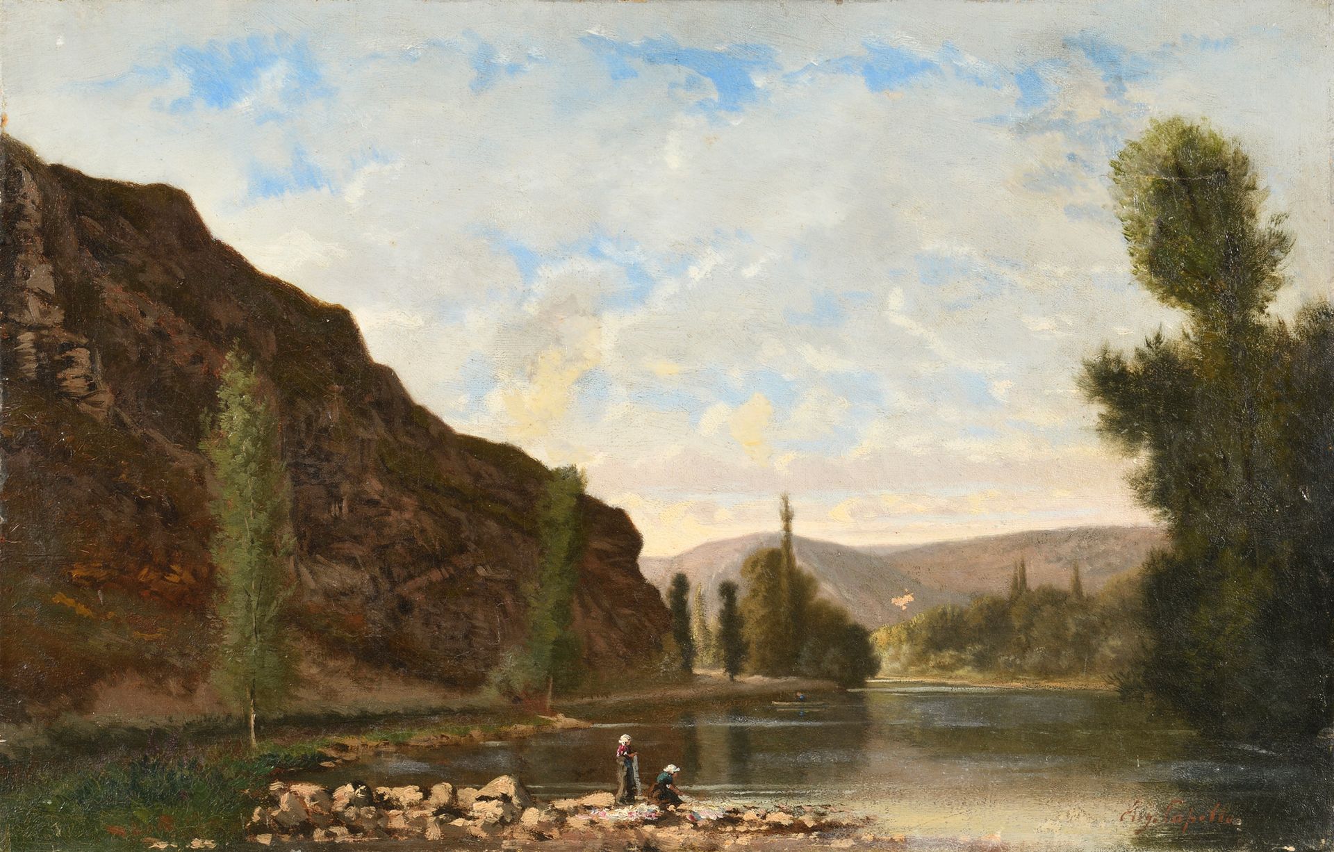 Null Eugène Alfred CAPELLE (1834-1887) Lavandières en bord de rivière Olio su te&hellip;