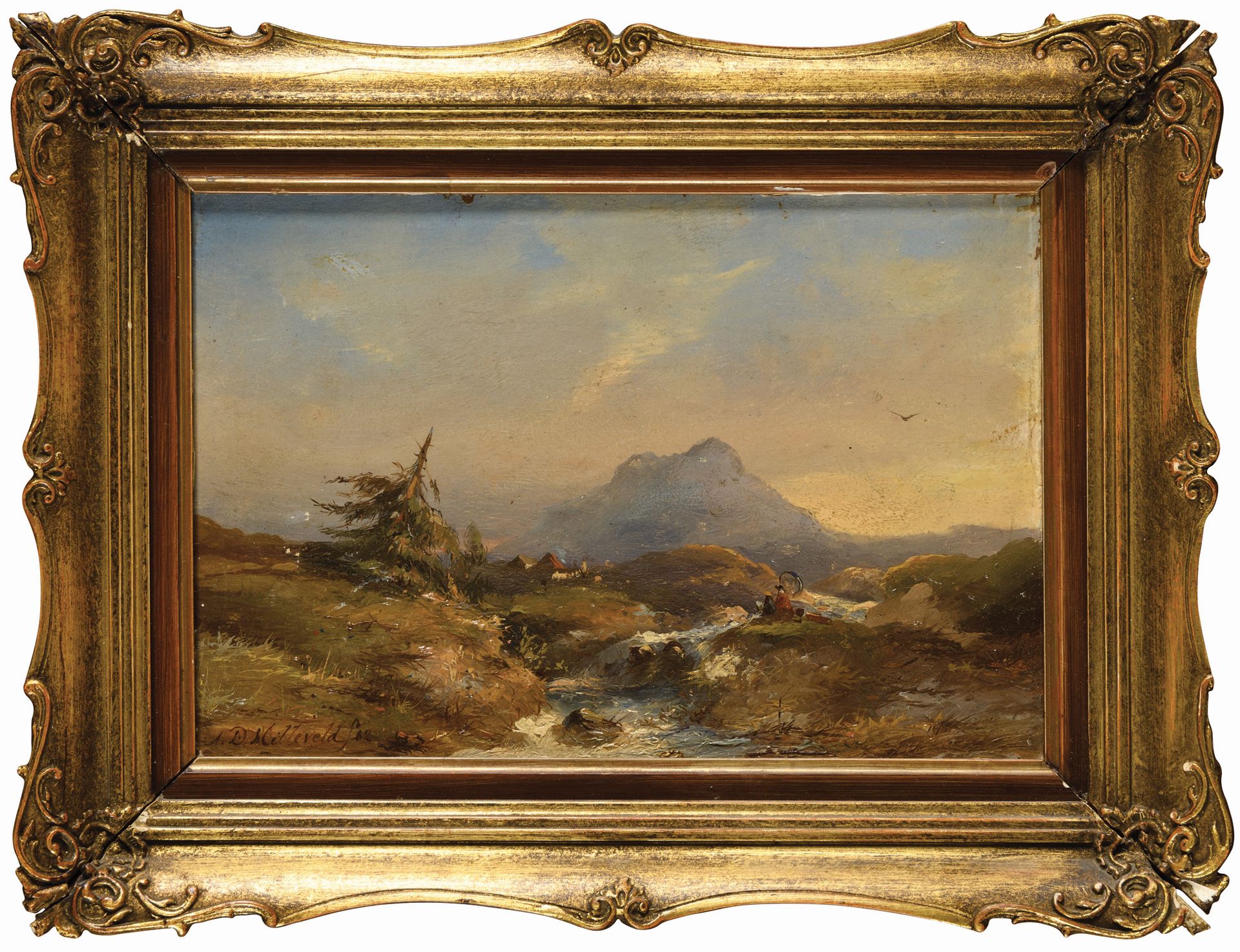 Null Adrianus David HILLEVELD (1838-1869) Paysage de montagne 板上油画，左下方签名，15.5 x &hellip;