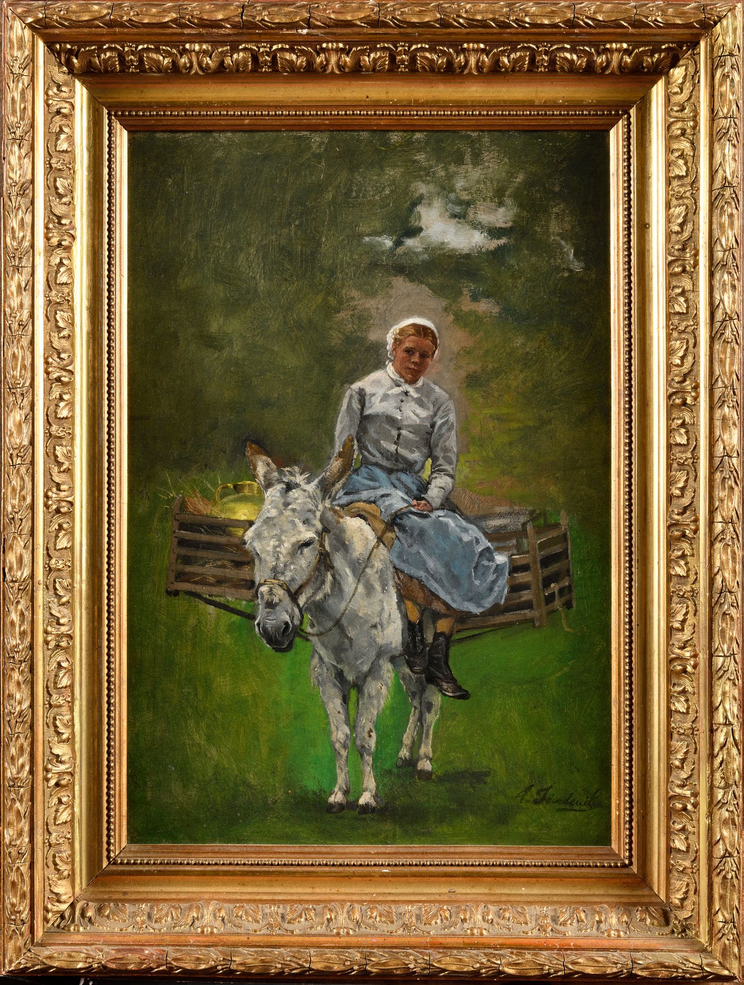 Null Louis Marie Adrien JOURDEUIL (1849-1907) Jeune fille sur son âne Huile sur &hellip;