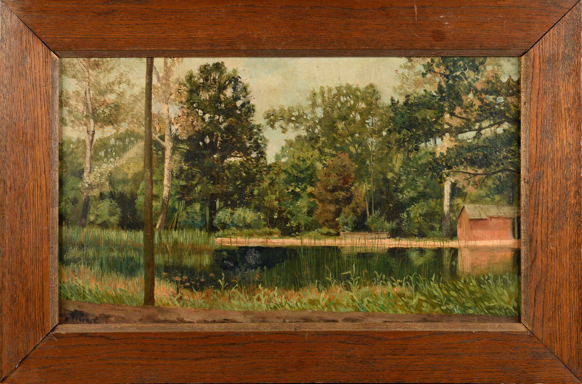 Null Auguste ALLONGÉ (1833-1898) Cabane au bord de l'étang Oil on canvas, signed&hellip;