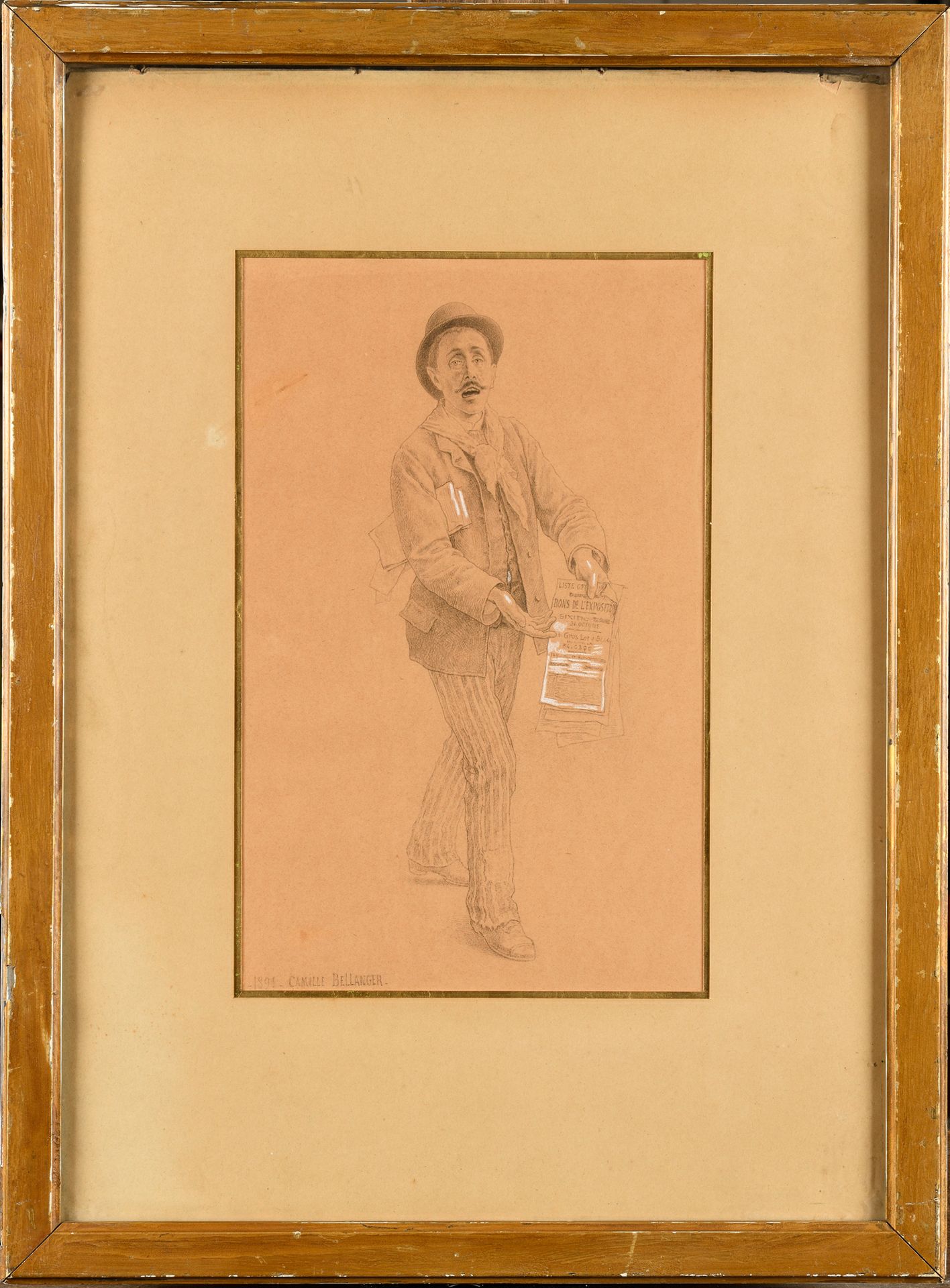 Null Camille BELLANGER (1853-1923) Le vendeur de journaux 铅笔和白粉笔画，左下角有签名和日期，30.5&hellip;
