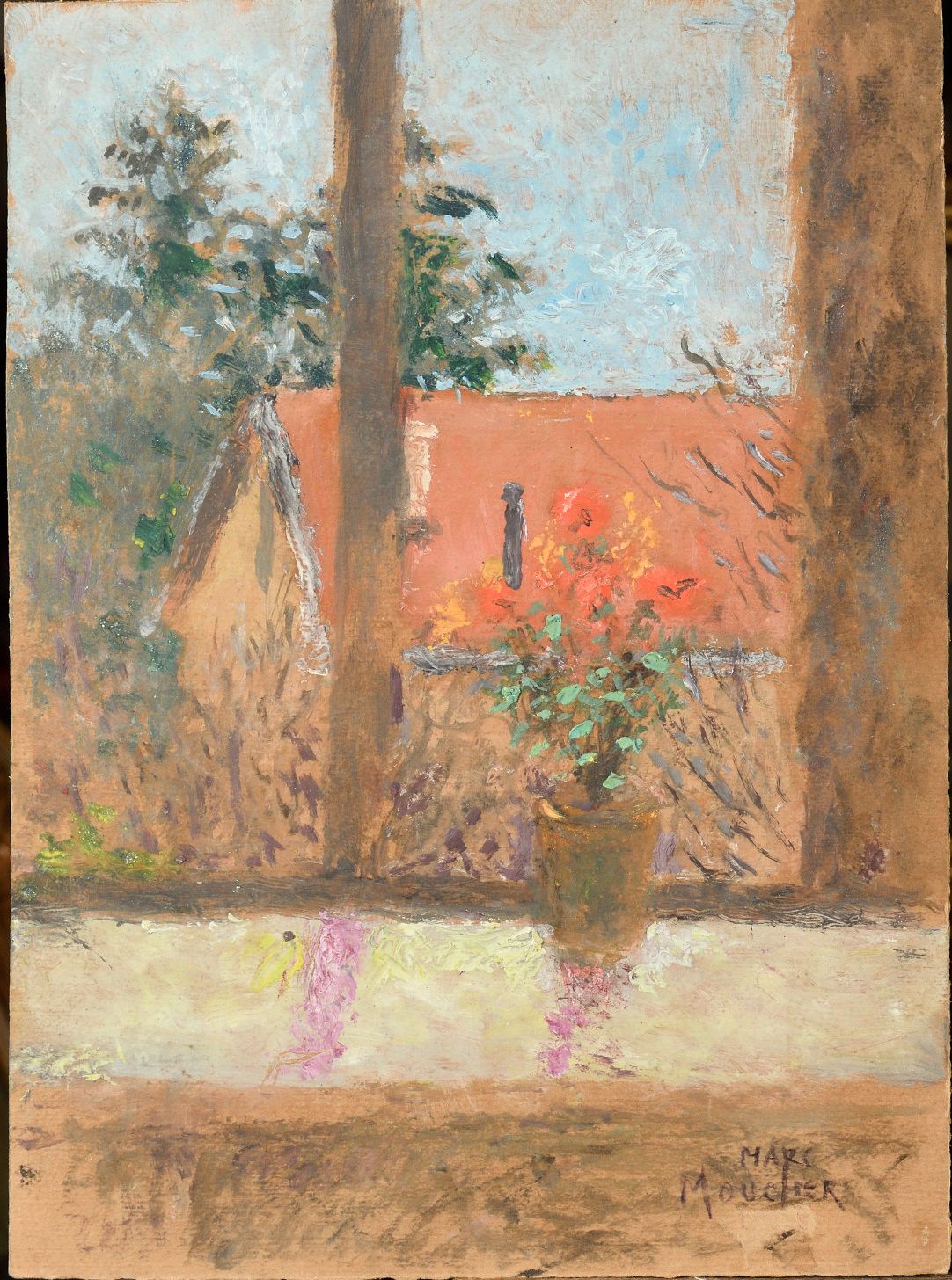 Null Marc MOUCLIER (1866-1948) La maison vue par la fenêtre Olio su cartone, fir&hellip;