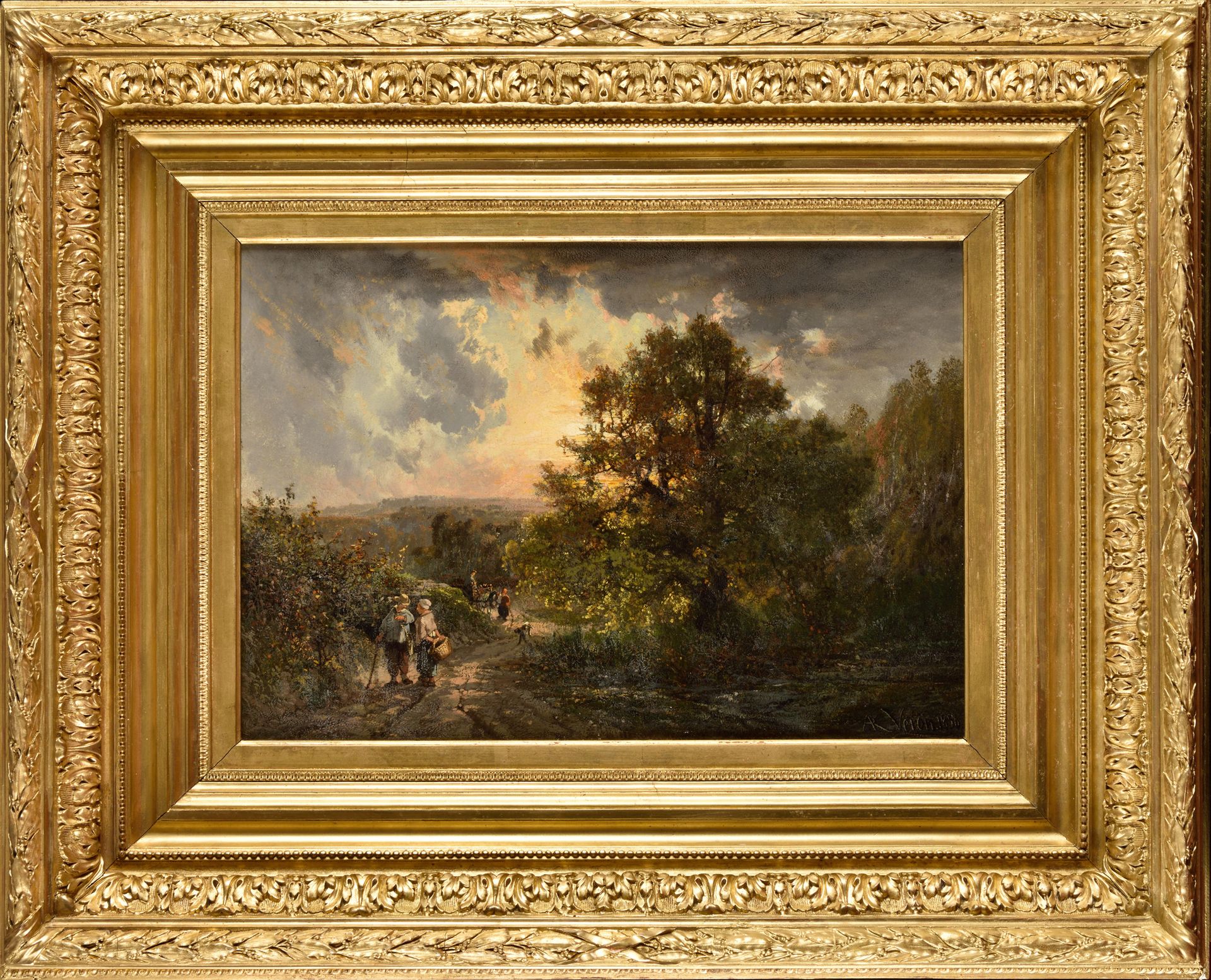 Null Alexandre René VERON (1826-1897) Chemin dans la forêt, effet de soleil couc&hellip;