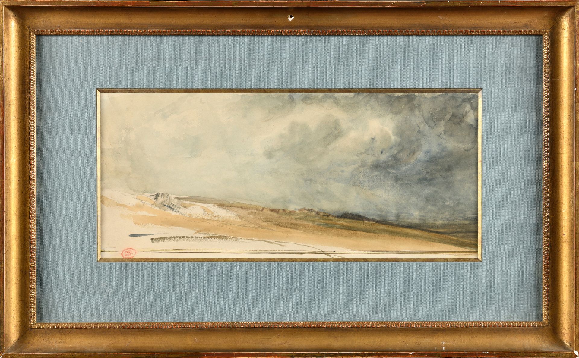 Null Paul HUET (1803 - 1869) Orage sur la plaine 纸上水彩画 左下方有工作室的印章 14.2 x 32.7 cm&hellip;