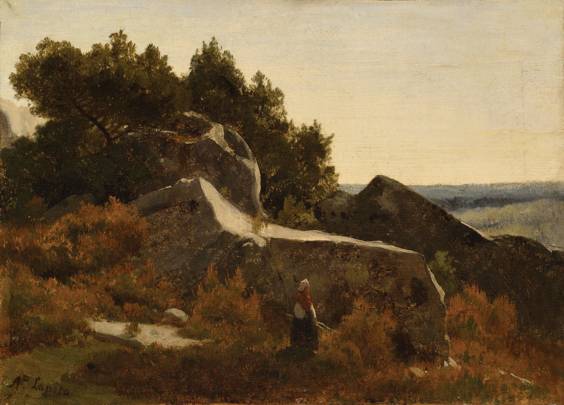 Null Louis Auguste LAPITO (1803-1874) Paysanne près des rochers Huile sur papier&hellip;