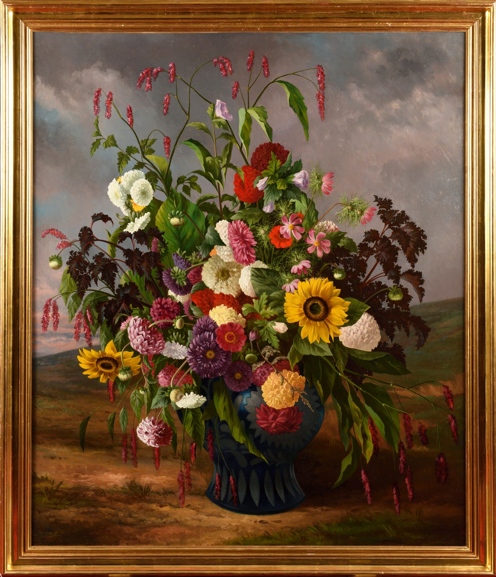 Null Armand BUDAN (1827-1874) Grand bouquet dans un paysage Huile sur toile Sign&hellip;