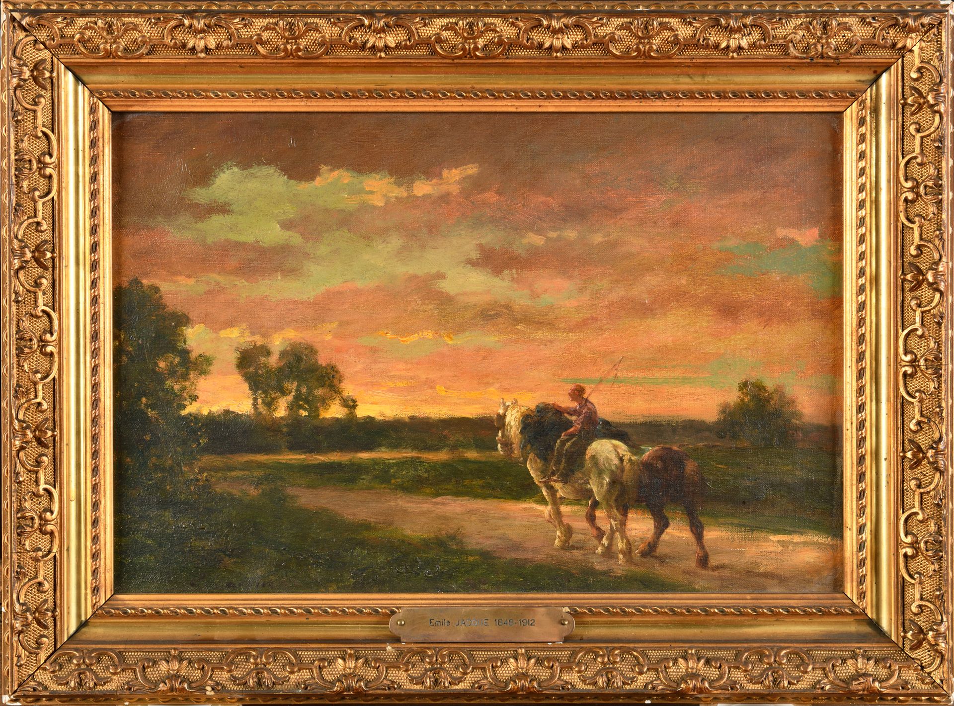 Null Émile JACQUE (1848-1912) Le retour des champs 布面油画 左下角签名 22 x 33.5 cm 带框：31&hellip;