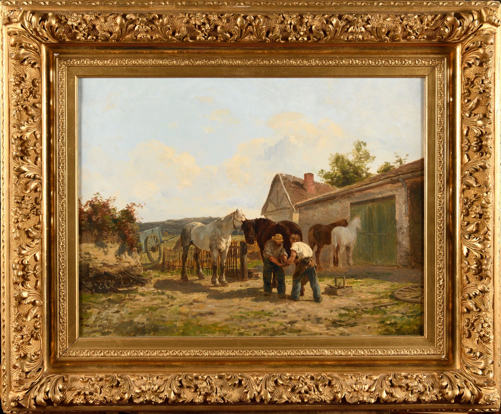 Null Clément QUINTON (1851-1920) Le ferrage Oil on canvas Signed lower right 49 &hellip;