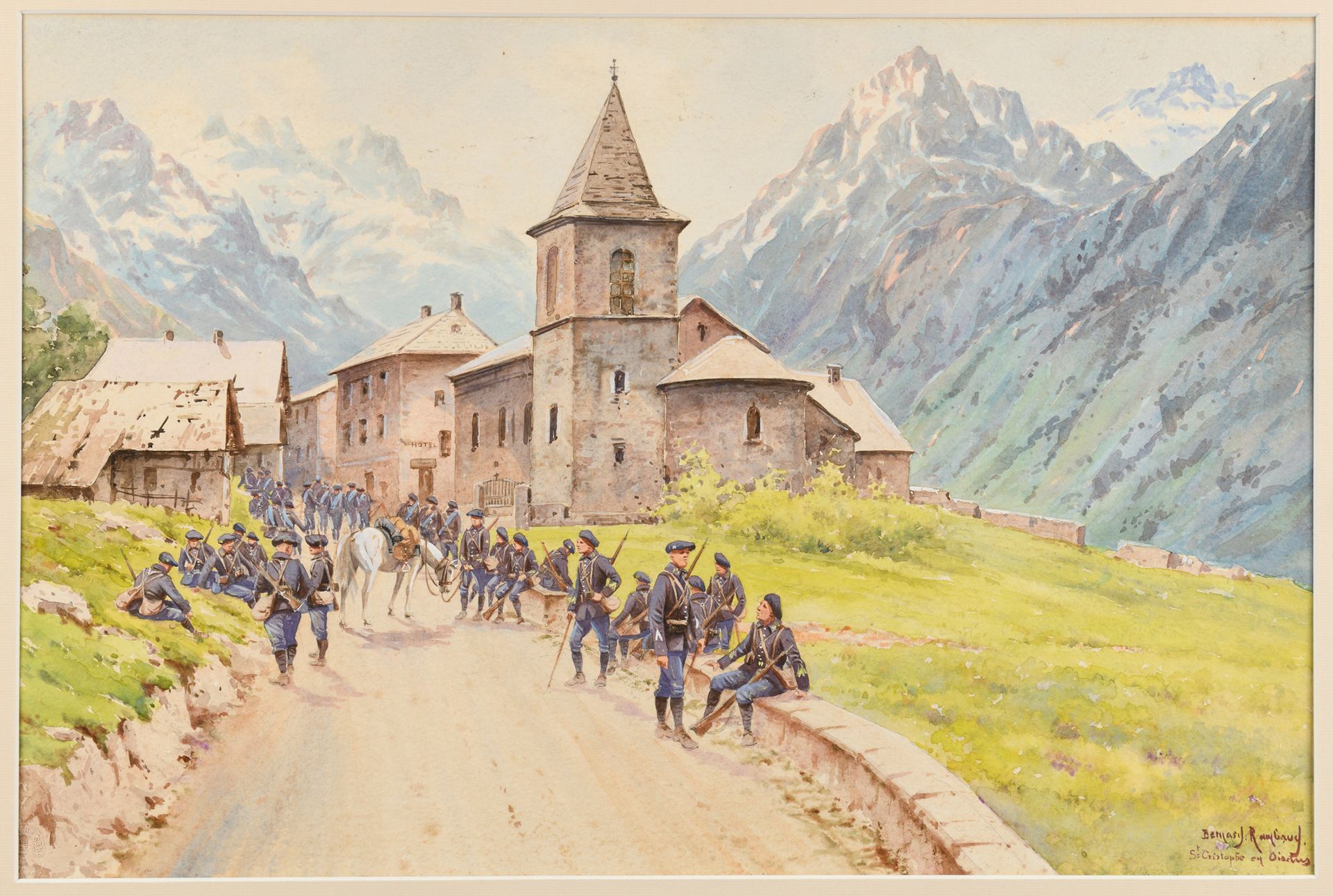 Null Bernard RAMBAUD (XIX-XX) Saint-Christophe en Oisans入口处的阿尔卑斯山猎手。水彩画，有签名并位于右下&hellip;