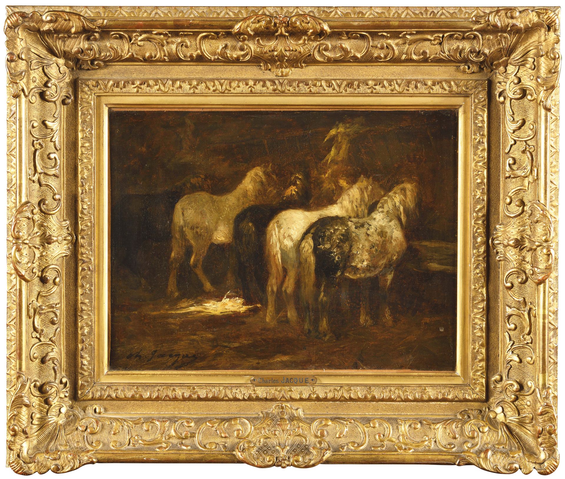 Null Charles Emile JACQUE (1813-1894) Chevaux à l'abreuvoir Oil on canvas Signed&hellip;