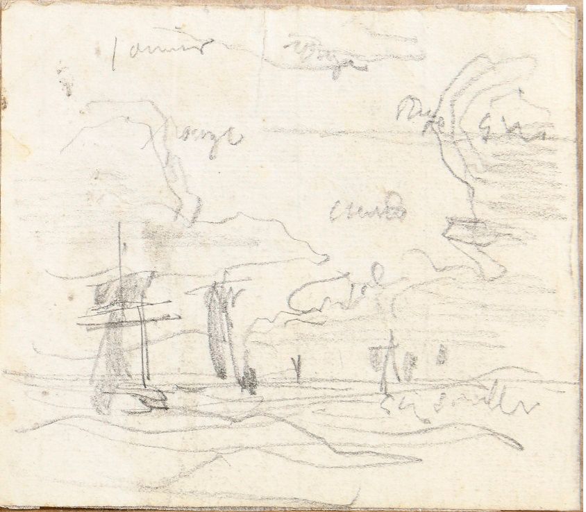 Null Eugène BOUDIN (1824-1898) 天空和海上的船只 铅笔画，有注释 9,5 x 11 cm 展览。- Eugène Boudin, &hellip;