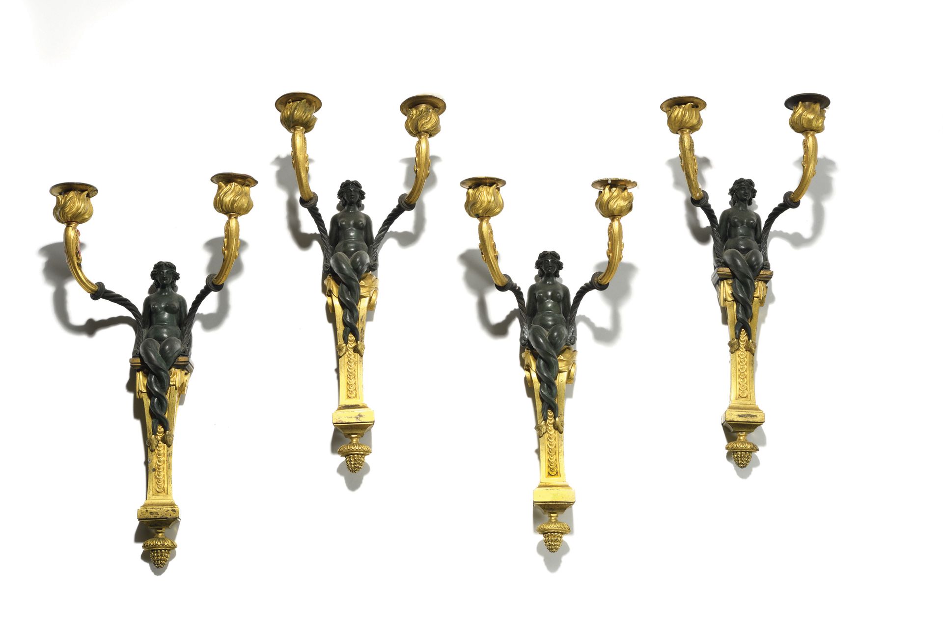 Null A SET OF FOUR TWO LIGHTS in patinated bronze and gilt bronze with mermaids &hellip;