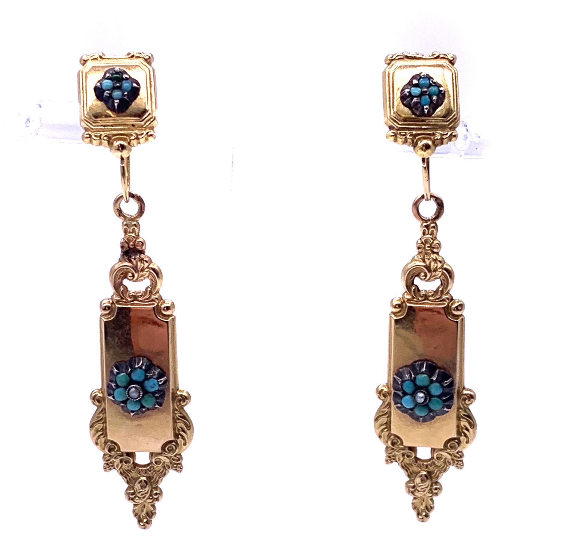 Null XVIIIth CENTURY EARRINGS decorated with scrolls and plants holding turquois&hellip;
