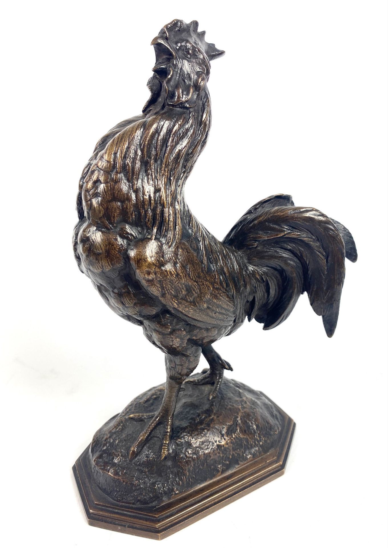 Null Alfred BARYE (1839 - 1882) Le coq Bronze à patine brune signé sur la terras&hellip;