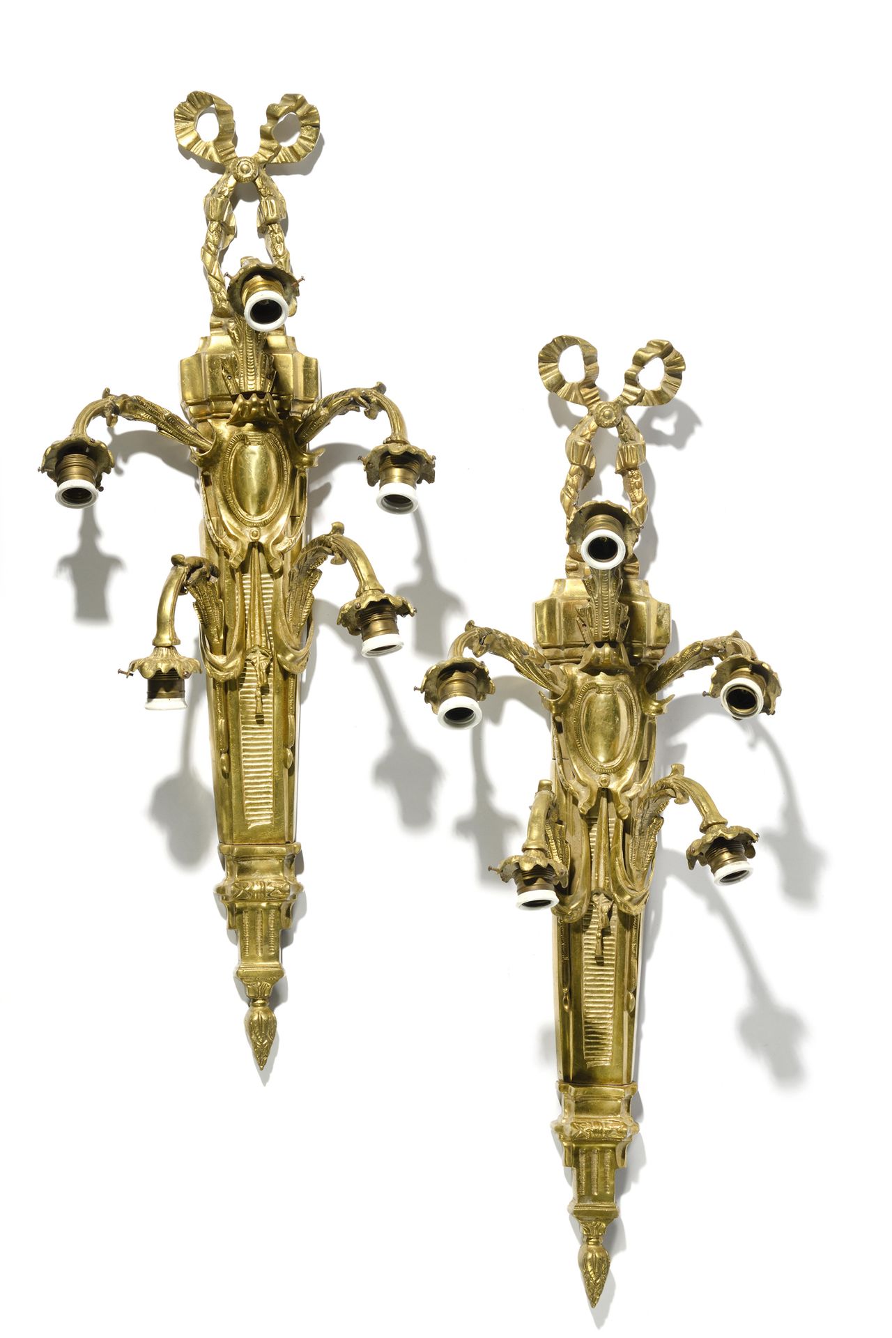 Null An important PAIR OF ormolu and chased sconces with five moving light arms &hellip;